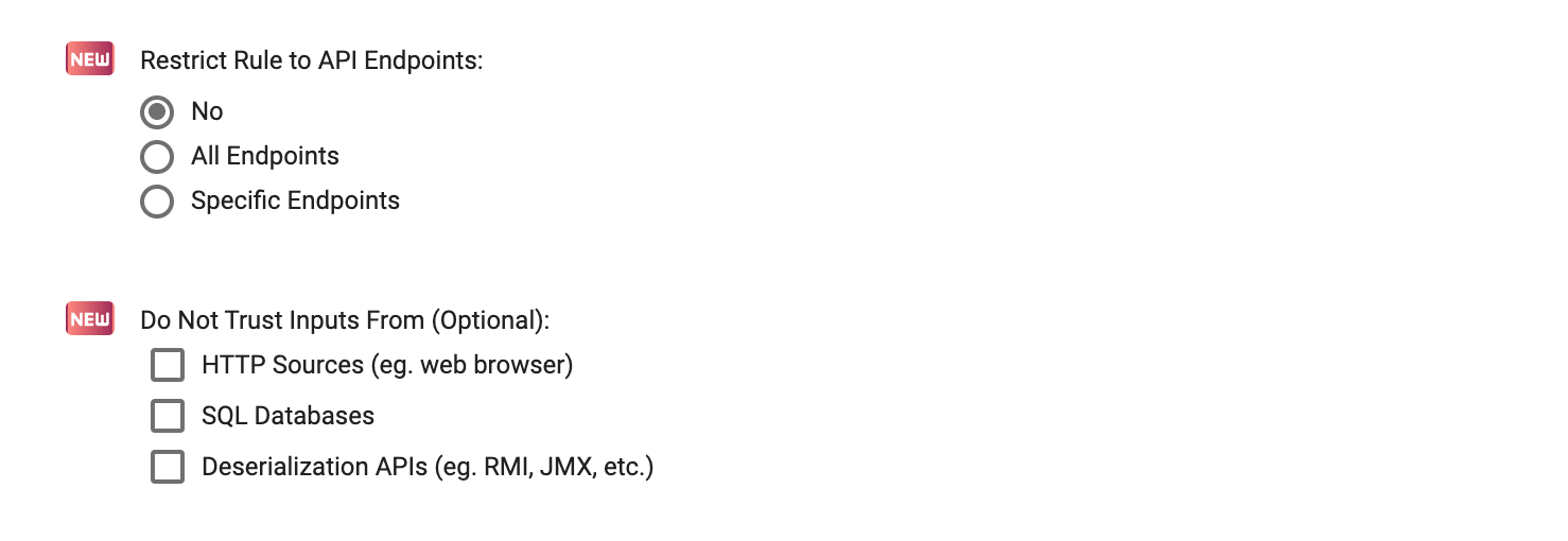Screenshot of a rule form showing the option to restrict a rule to API Endpoints