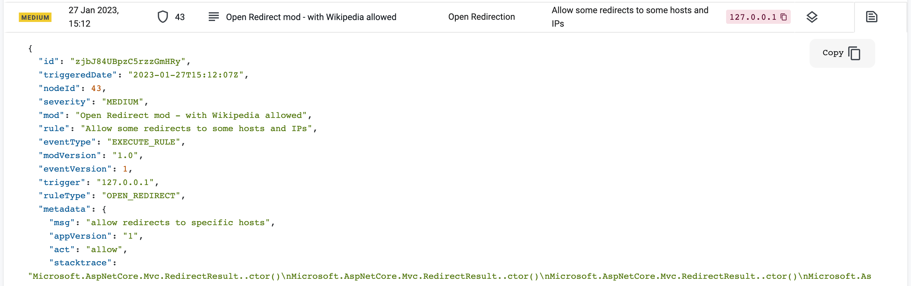 Screenshot of the Stack Trace and Details tabs on the Advanced Search page