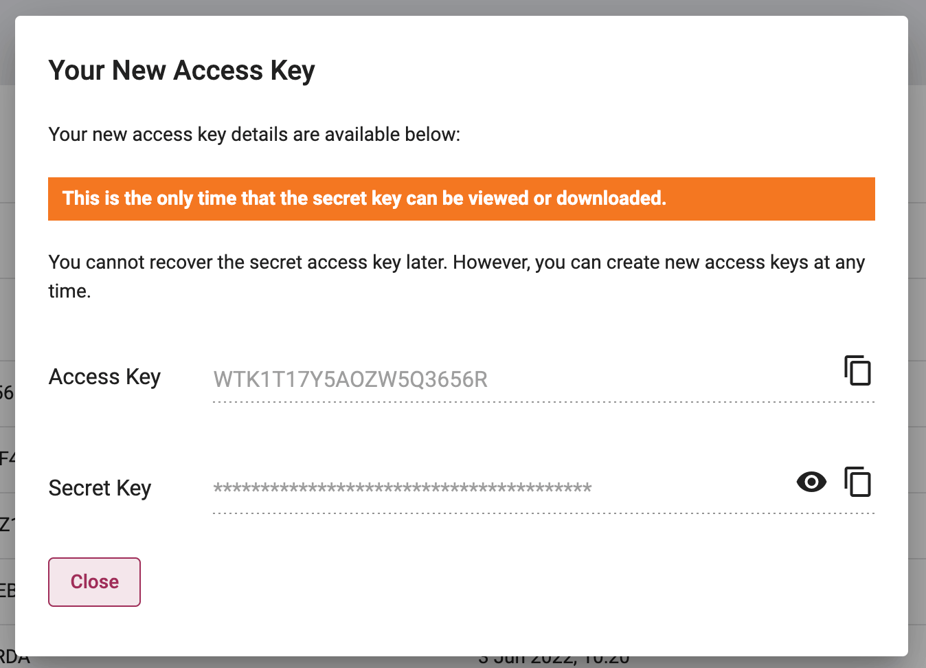 Screenshot of the Credentials sub-tab for generating agent secret and access keys