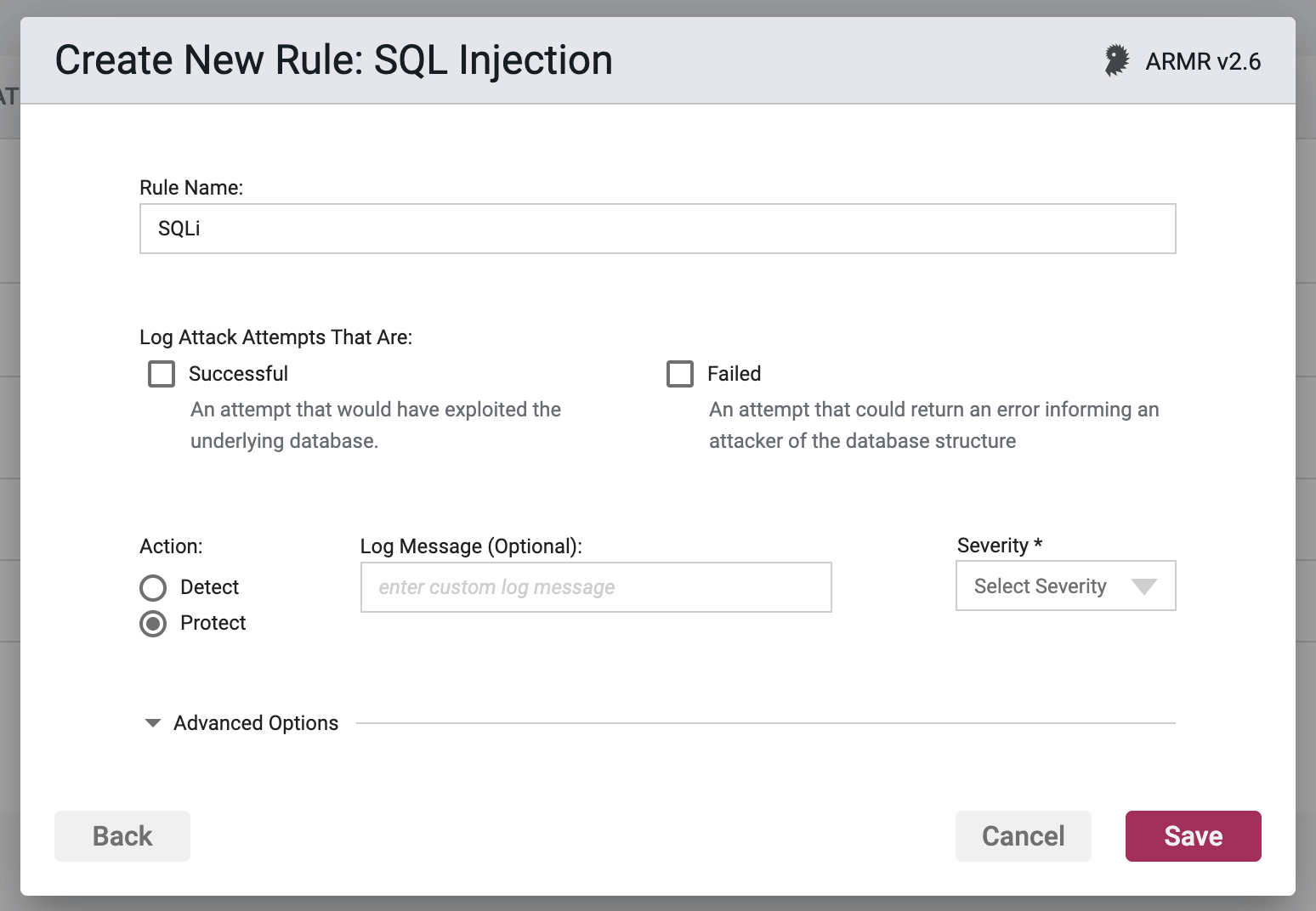 Screenshot of the improved SQL injection rule form showing conditional input fields