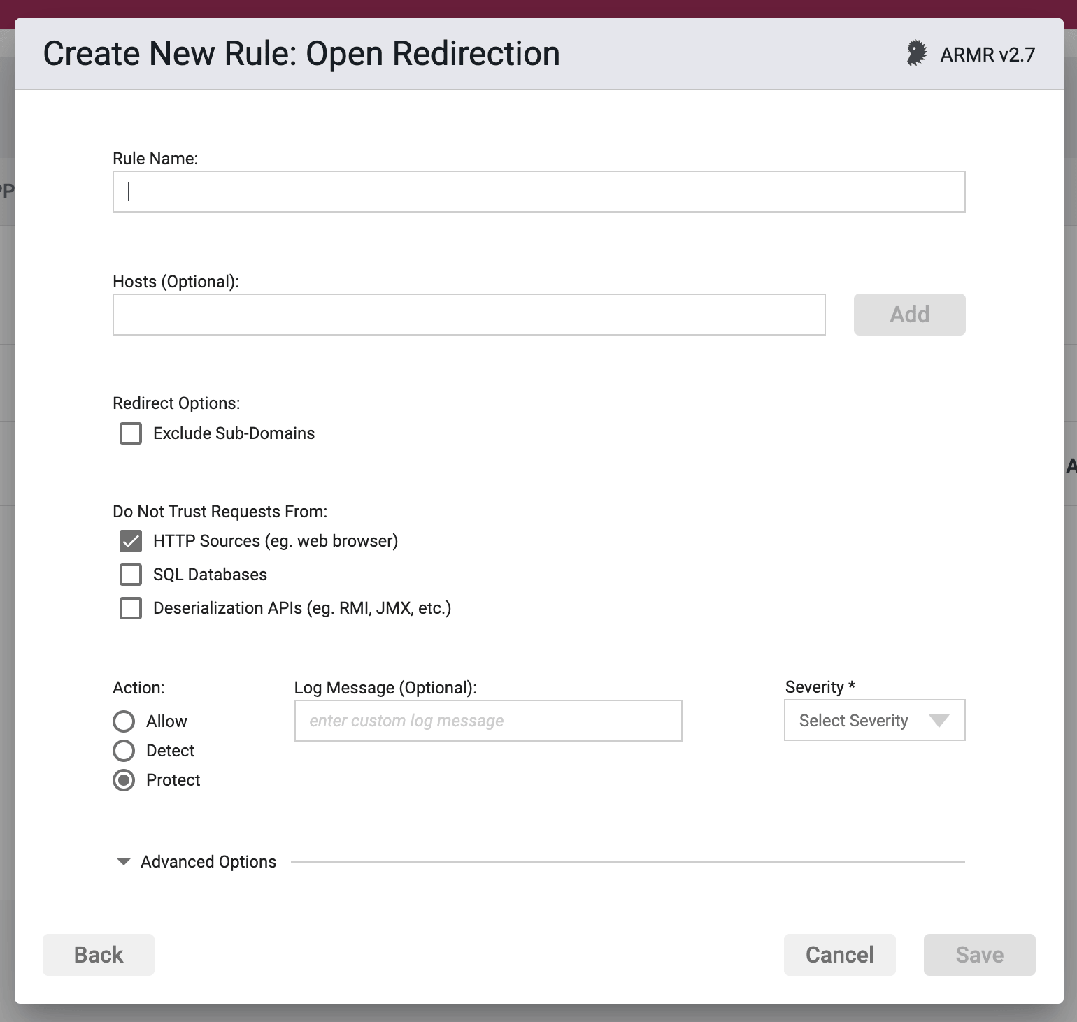 Screenshot of ARMR 2.7 support enabling Open Redirect rule action functionality