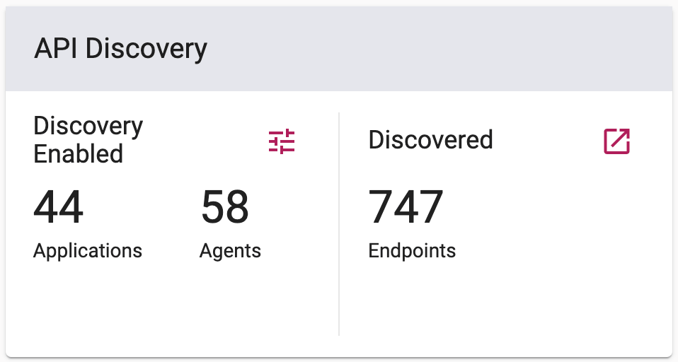 Screenshot of the API Discovery dashboard card showing enabled applications, agents, and endpoints