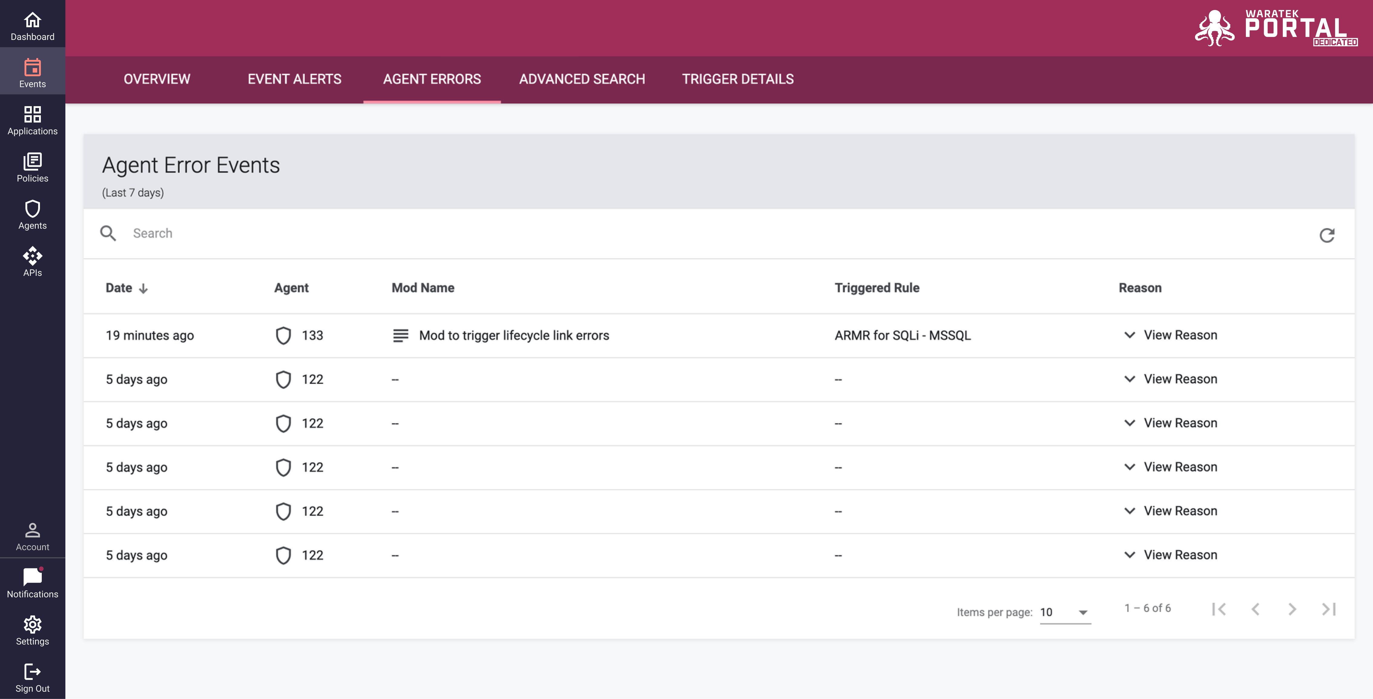 Screenshot of the Agent Errors table listing lifecycle error events reported by agents