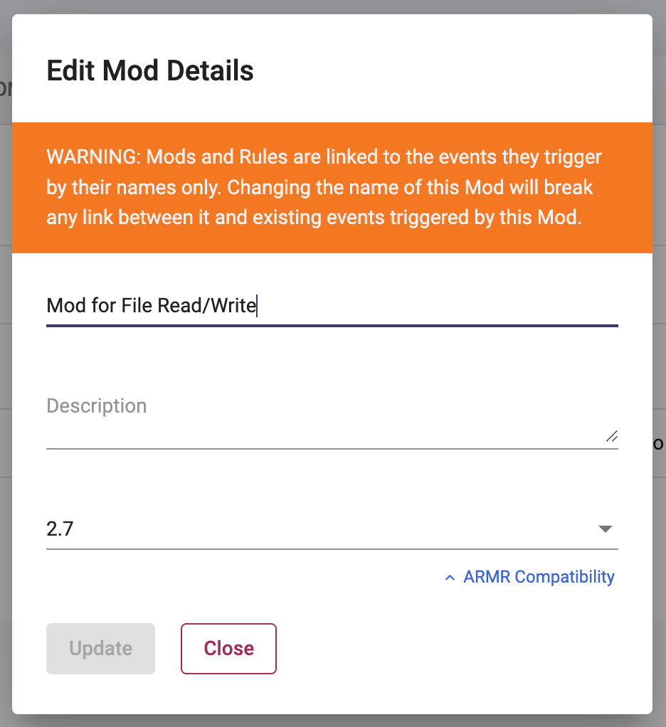 Screenshot of the confirmation modal shown when editing a Mod name