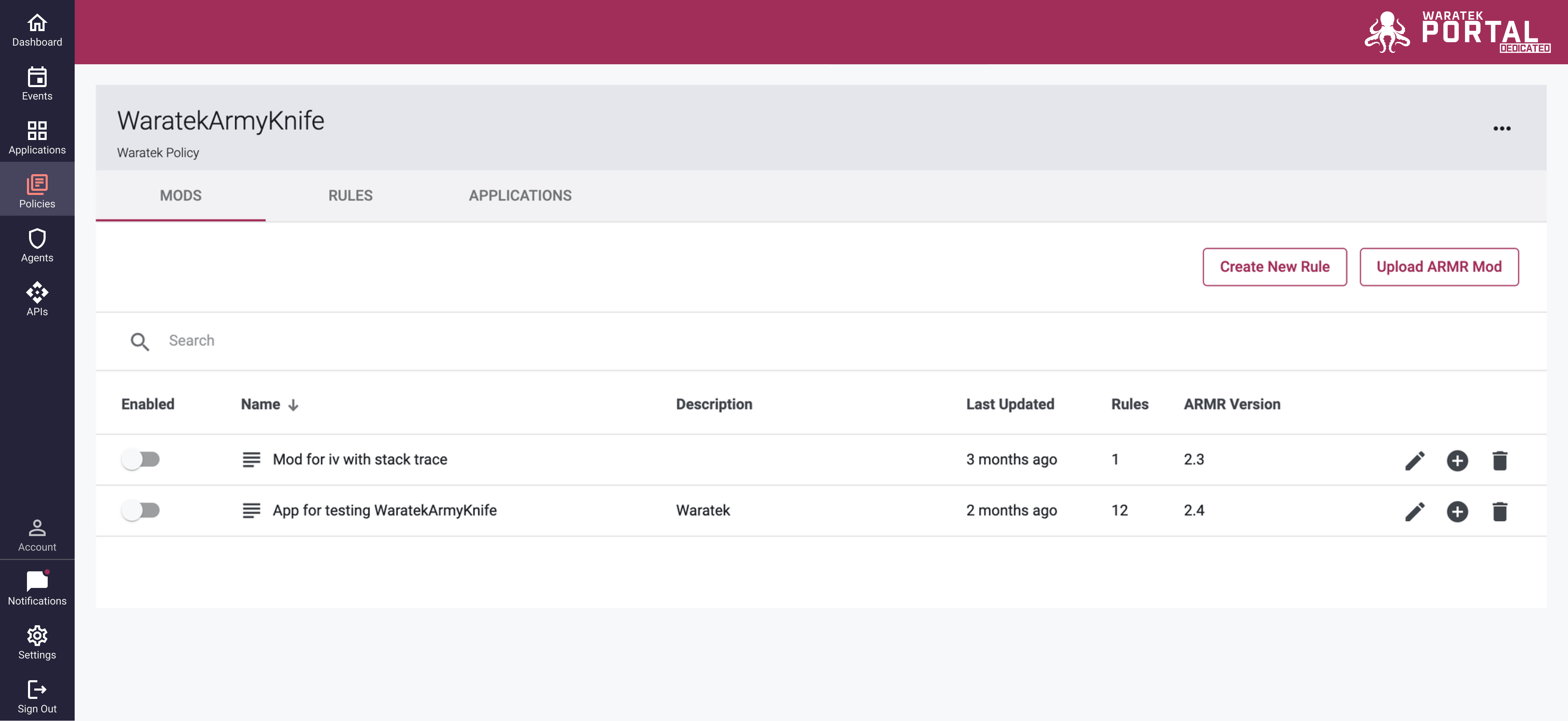 Screenshot of the Policies page Rules table grouped by parent Mod