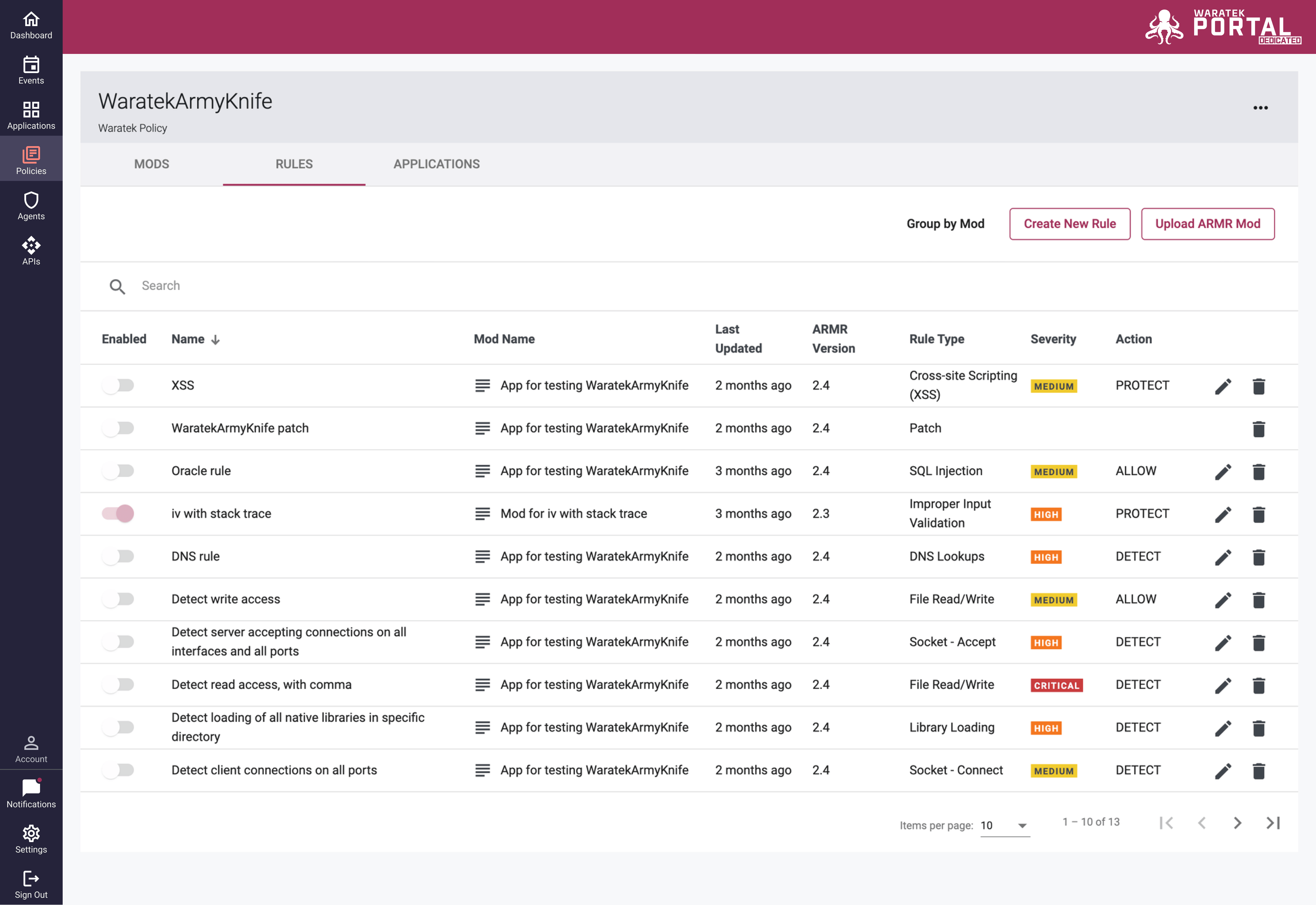 Screenshot of the Policies page showing Mod separator rows with update date and ARMR version