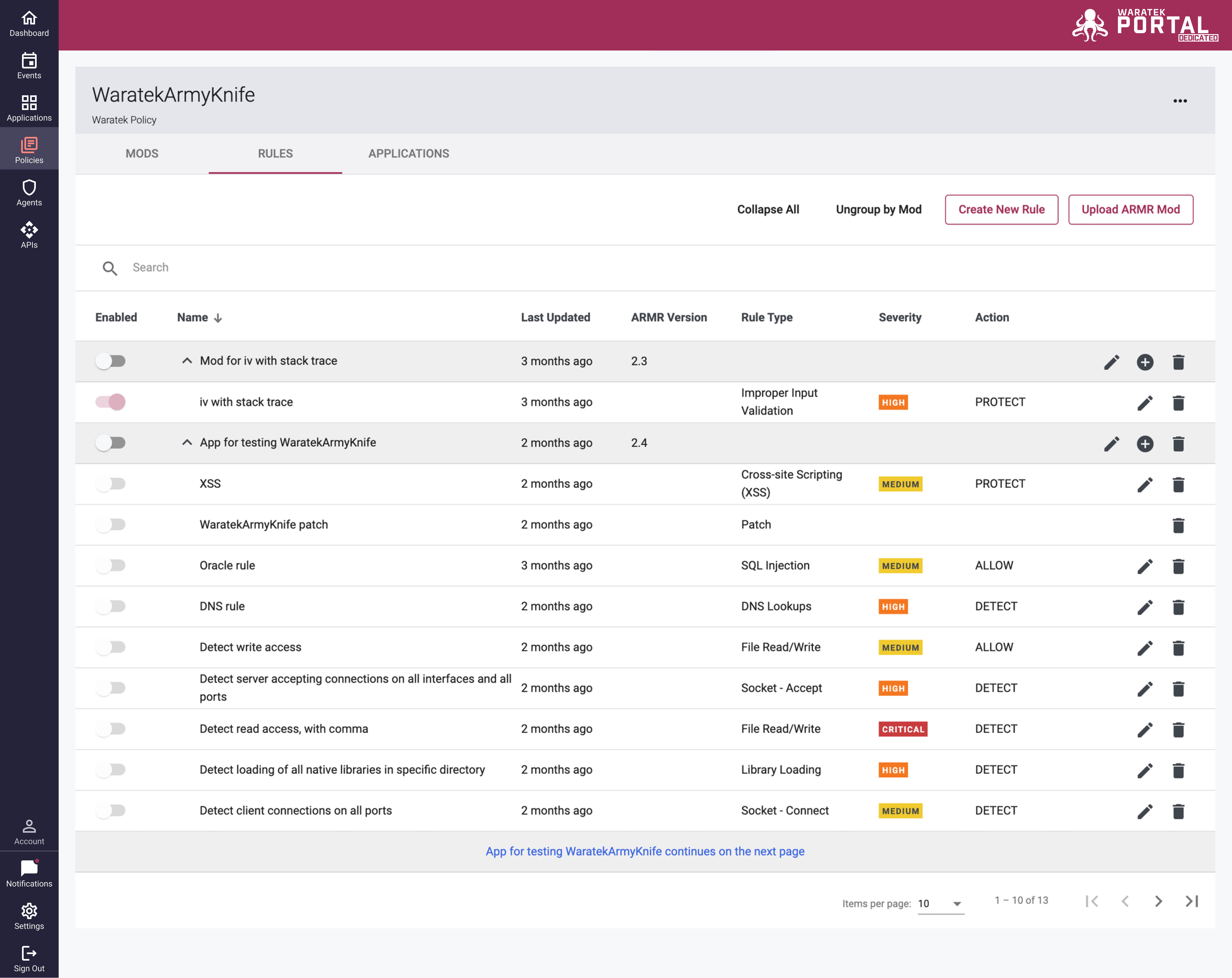 Screenshot of the Policies page Actions menu for a grouped Mod row