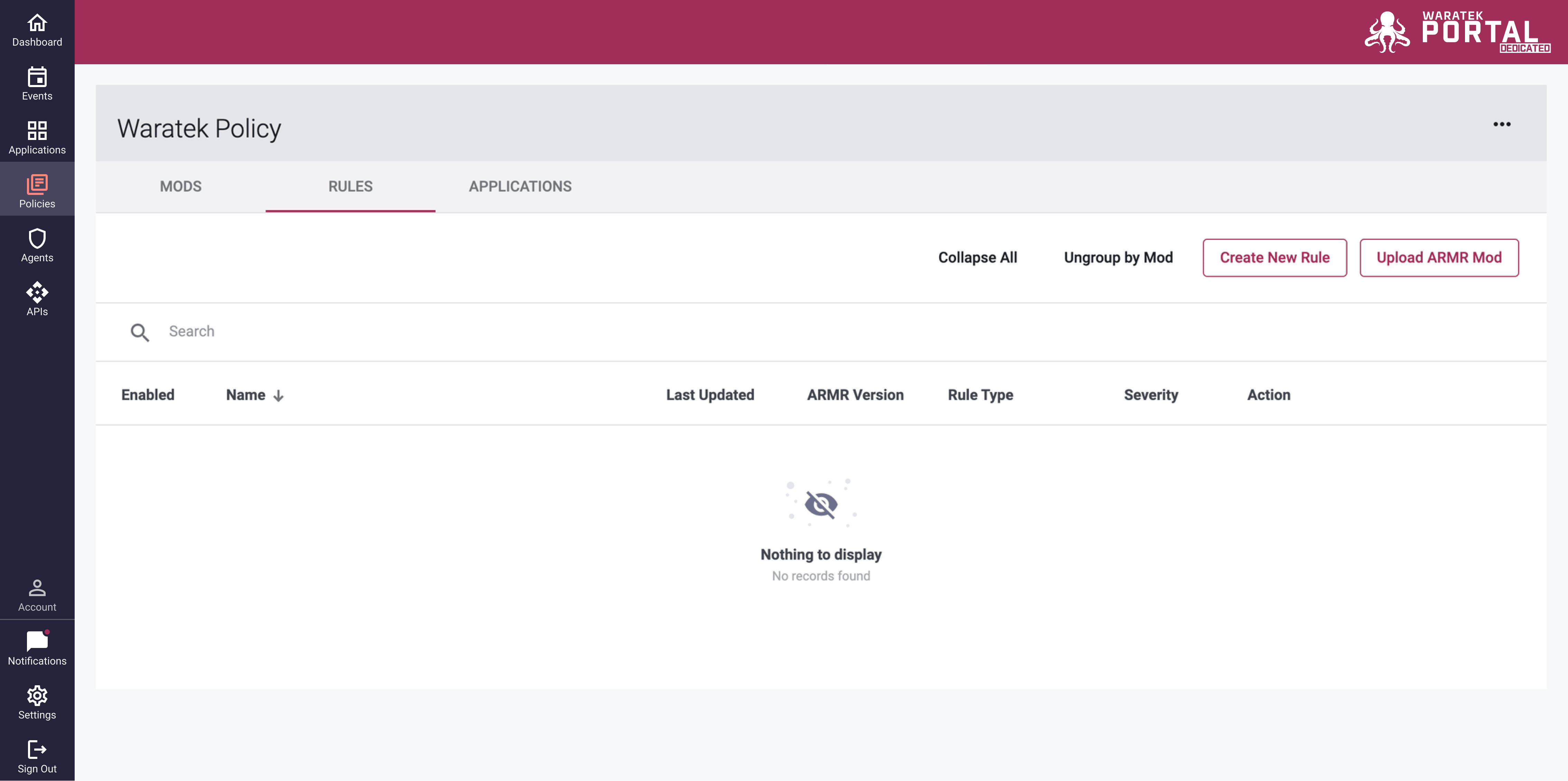 Screenshot of the New Policy dialog for creating Rules and Mods within a Policy