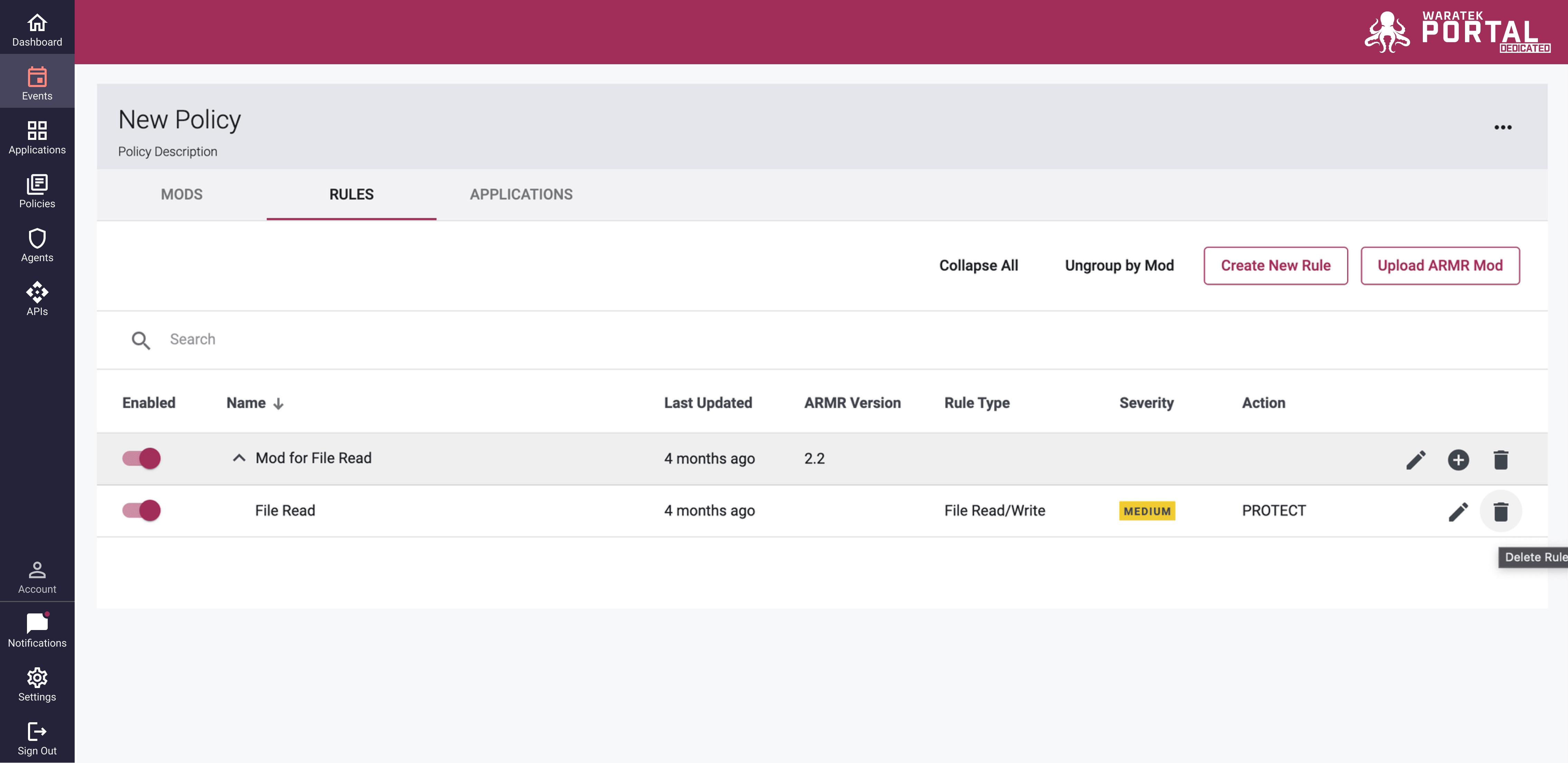 Screenshot of the confirmation modal for deleting a Mod's last remaining rule