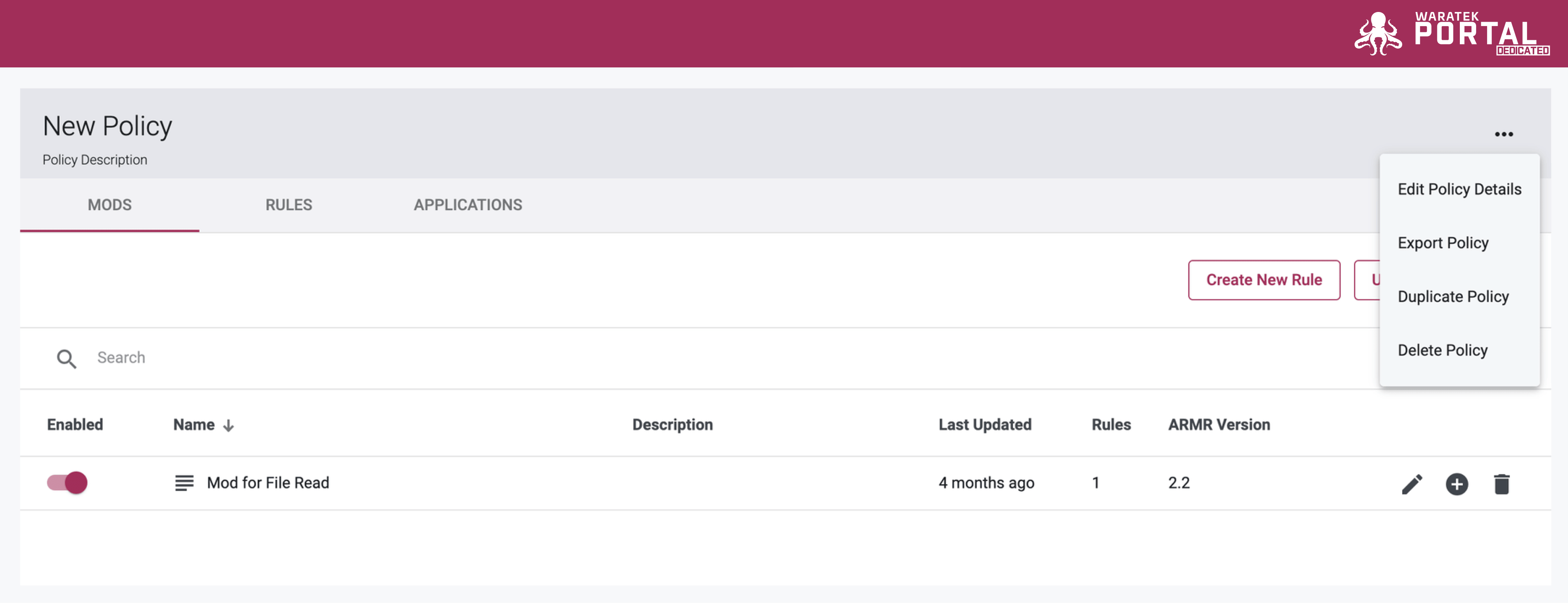 Screenshot of the Export Policy option in the Policy Details page More menu