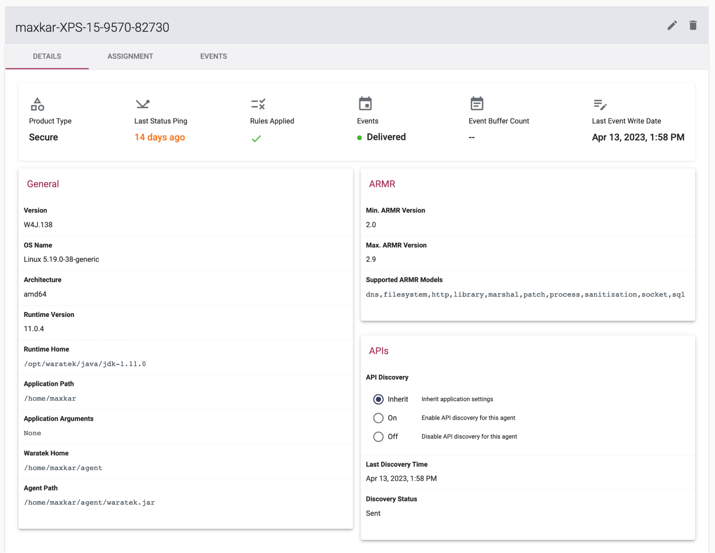Screenshot of the Agent Details page showing activity overview and API Discovery settings