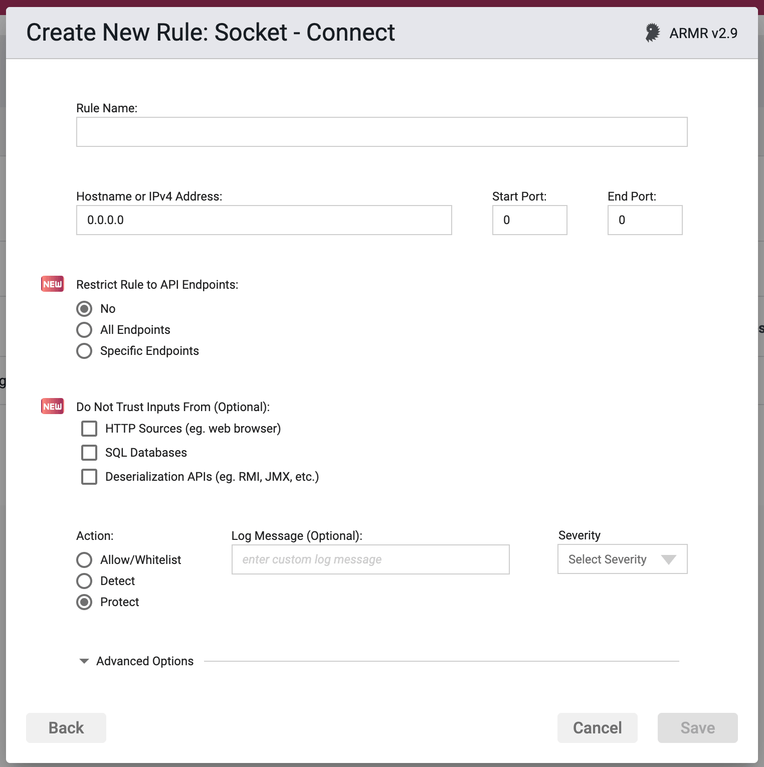 Screenshot of the Rule Options section in the Socket Connect Rule Wizard