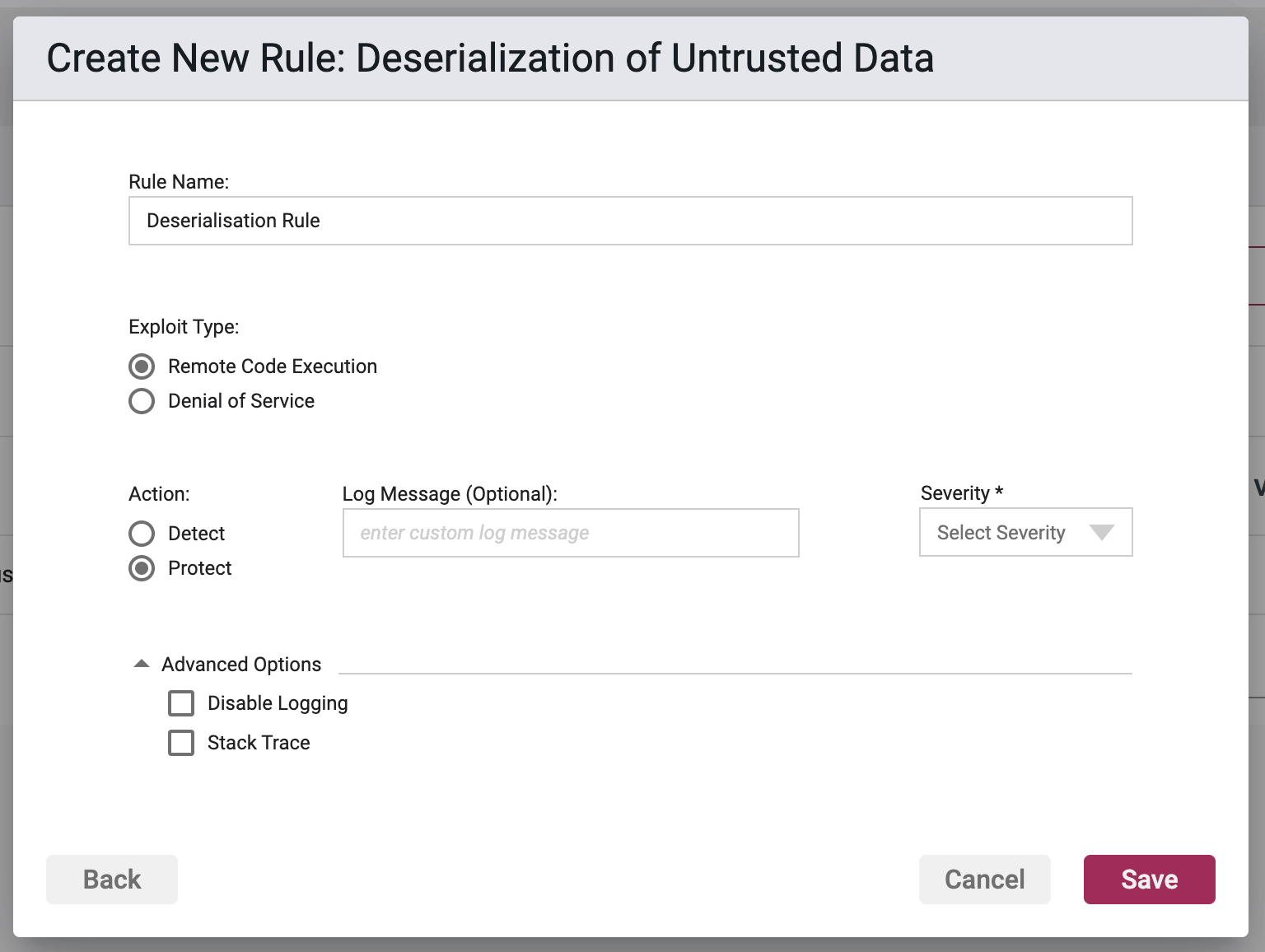 Screenshot of the Rule Options section in the Deserialization of Untrusted Data Rule Wizard