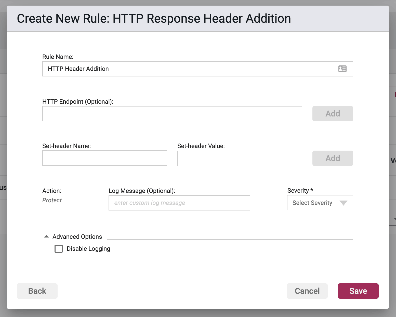 Screenshot of the Rule Options section in the HTTP Response Header Addition Rule Wizard
