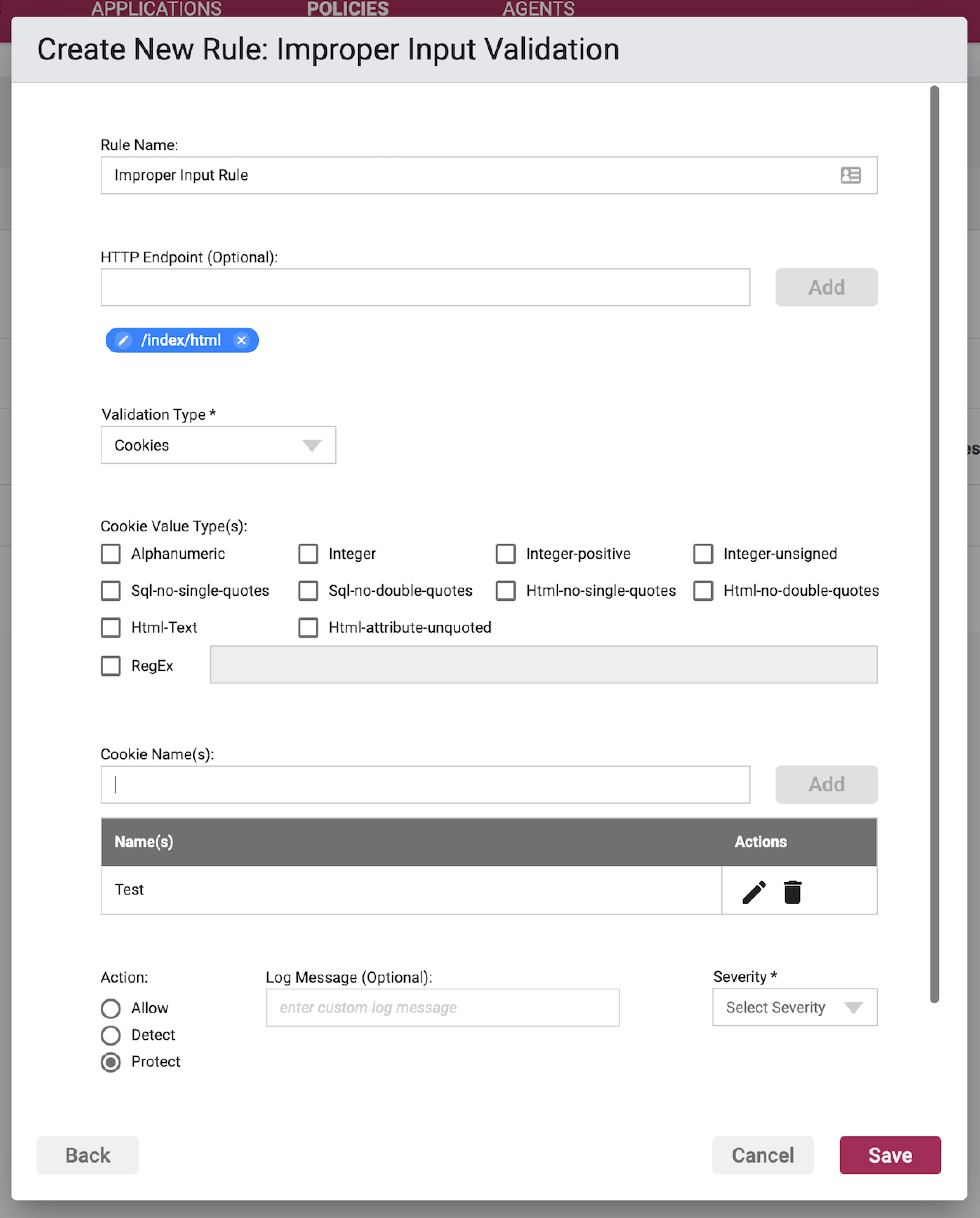 Screenshot of the Parameter/Cookie/Header Validation Type options in the Improper Input Validation Rule Wizard