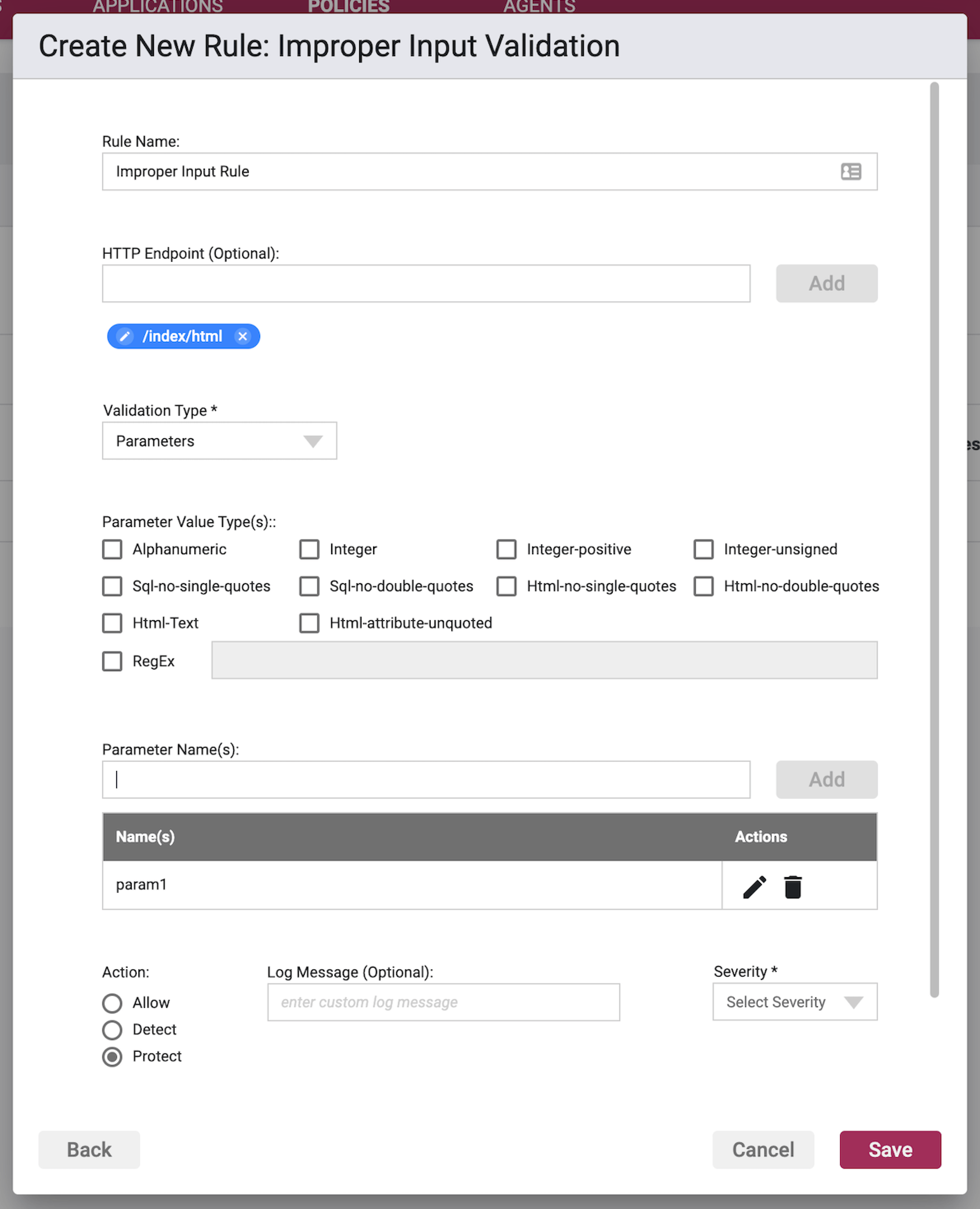 Screenshot of additional Parameter/Cookie/Header Validation Type settings in the Improper Input Validation Rule Wizard