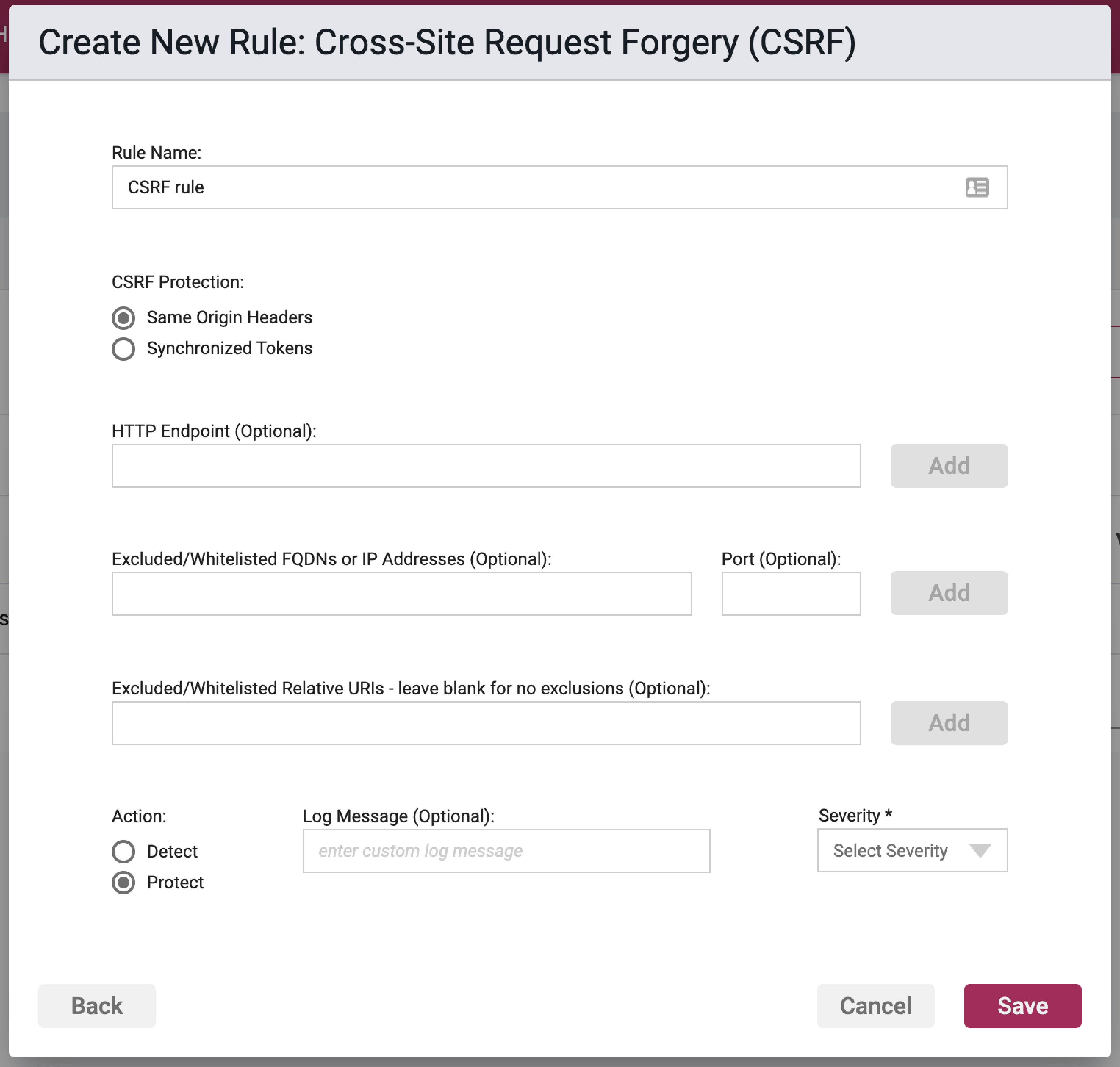 Screenshot of the Same-Origin Options settings in the CSRF Rule Wizard