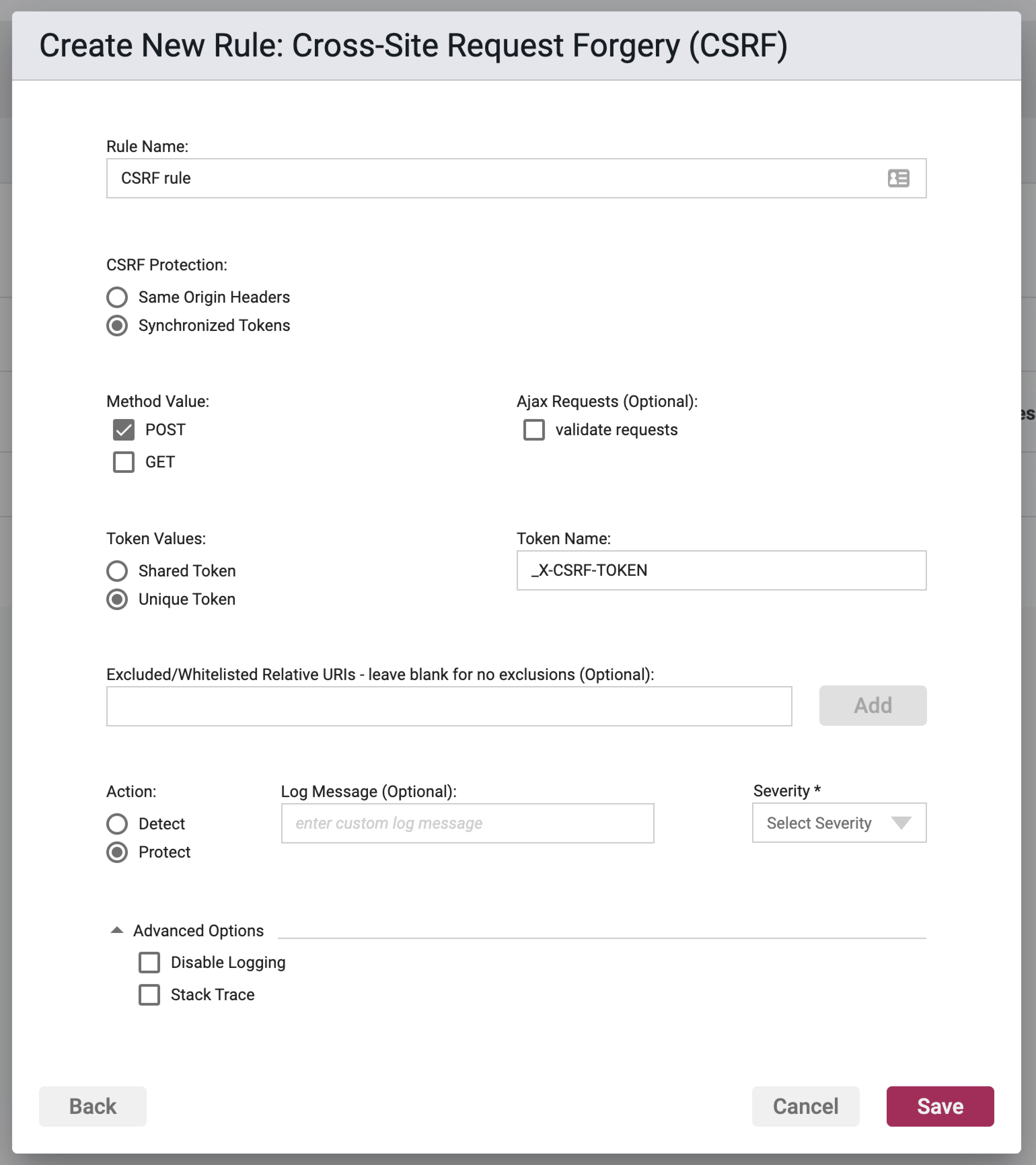 Screenshot of the Synchronized Tokens Options in the CSRF Rule Wizard