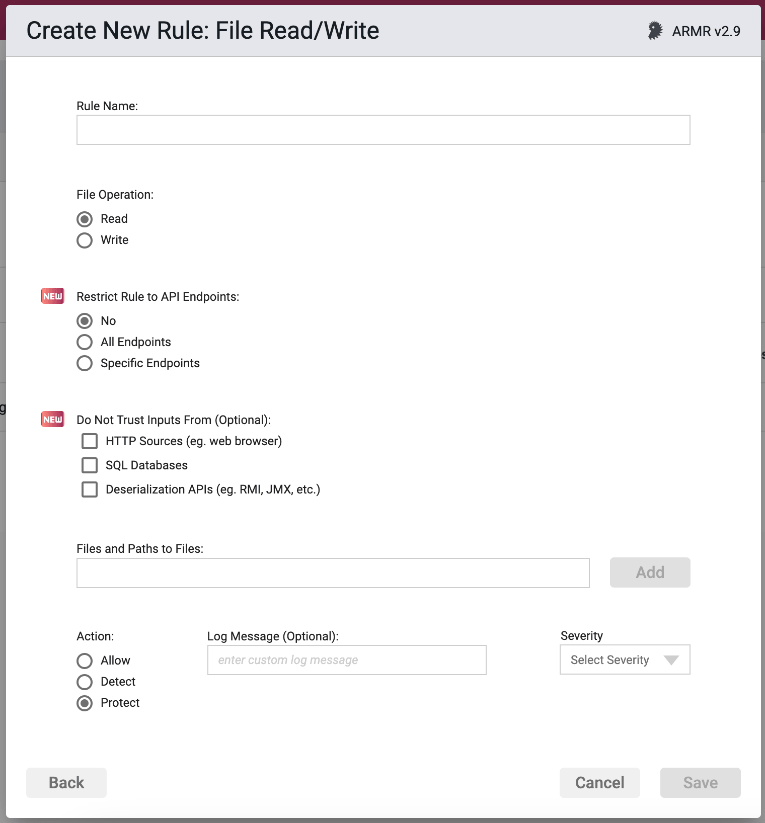 Screenshot of the Rule Options section in the File Read/Write Rule Wizard