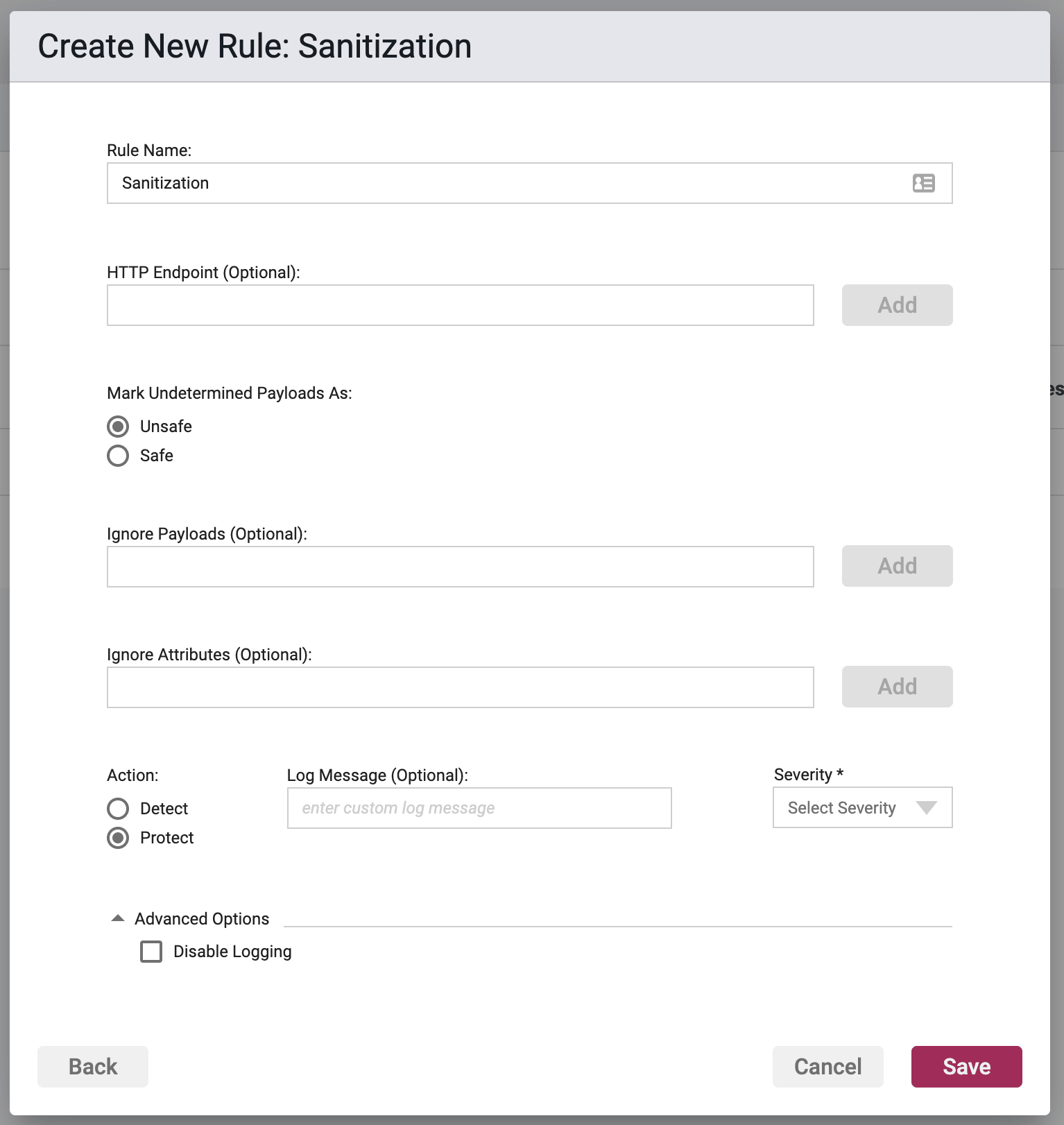 Screenshot of the Rule Options section in the Sanitization Rule Wizard