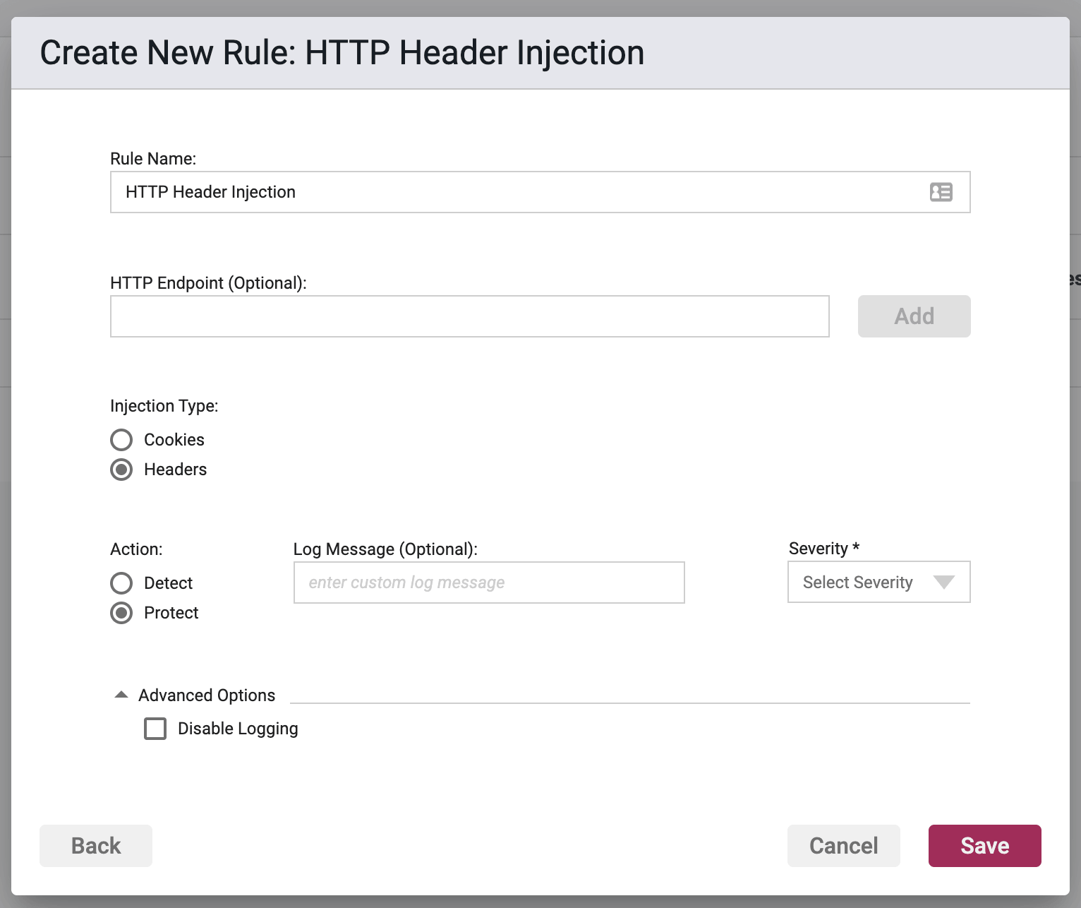 Screenshot of the Rule Options section in the HTTP Header Injection Rule Wizard