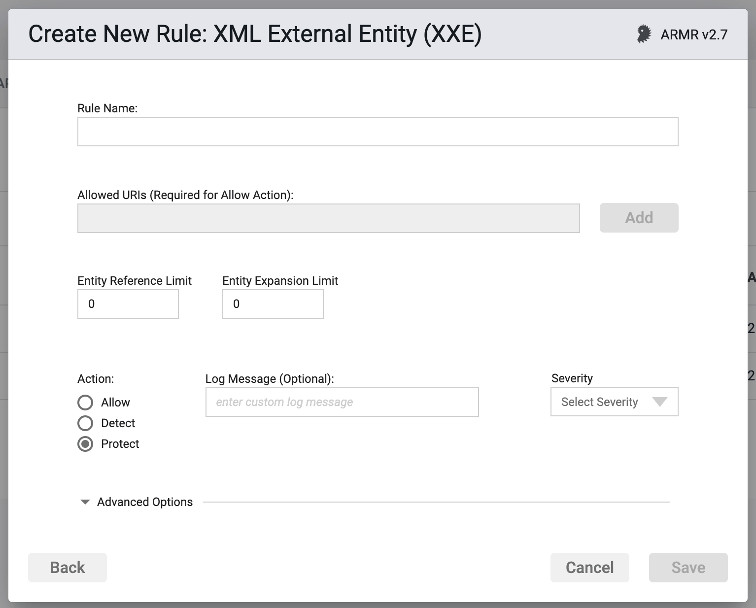 Screenshot of the Rule Options section in the XML External Entity (XXE) Rule Wizard