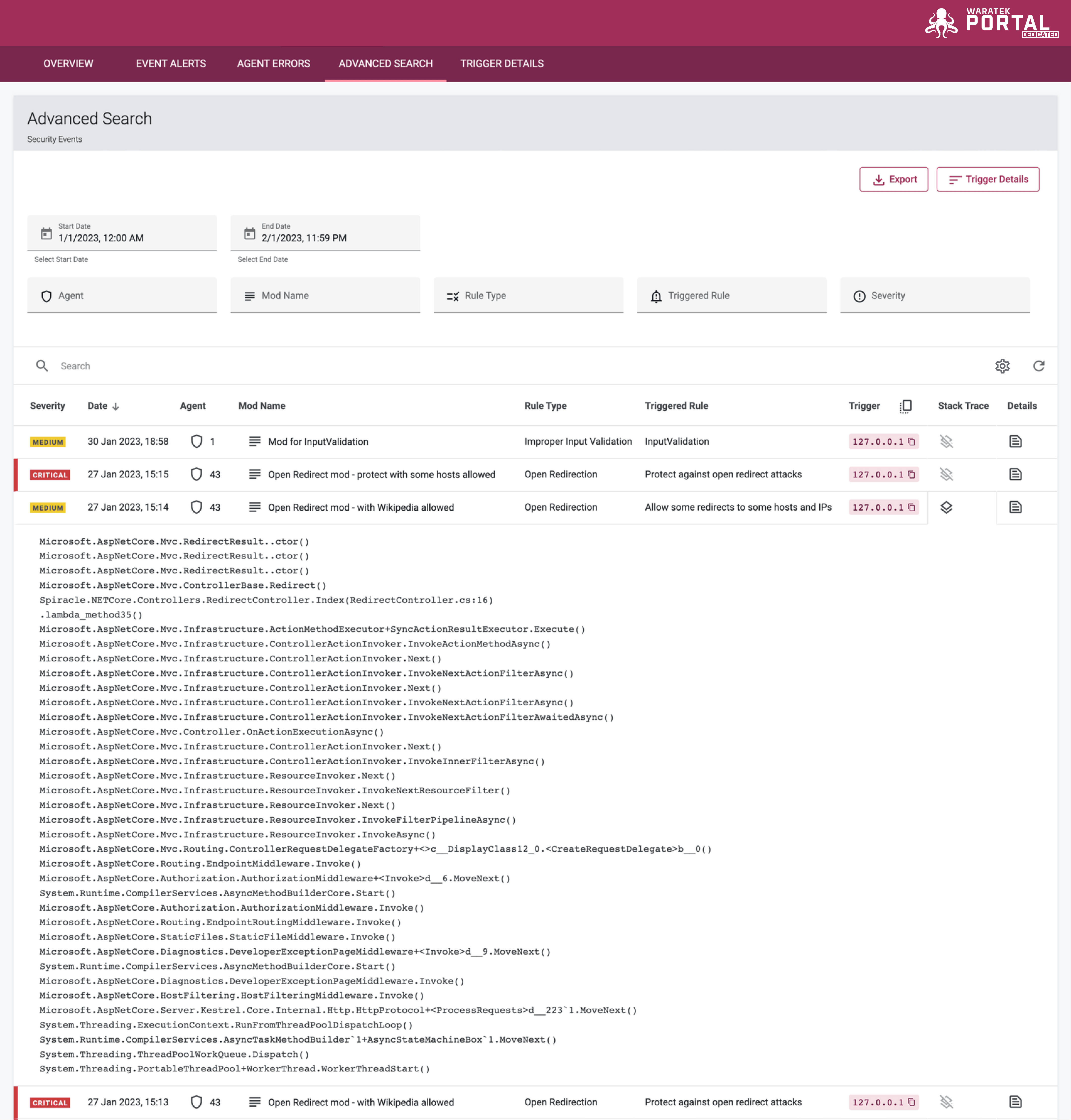 Screenshot of an expanded stack trace view below an event row in the Advanced Search table