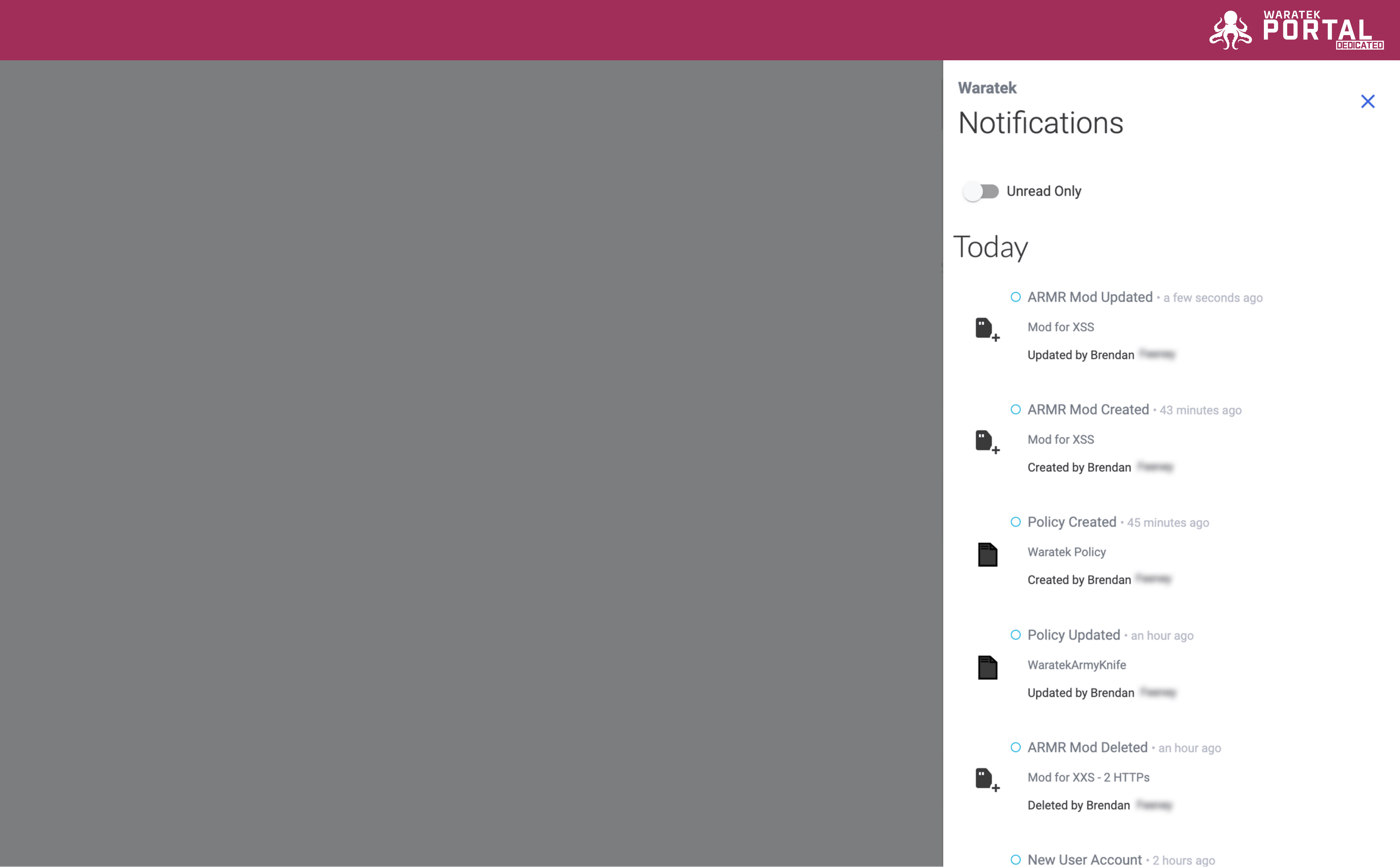 Screenshot of the Notifications panel listing chronological user actions in the Portal