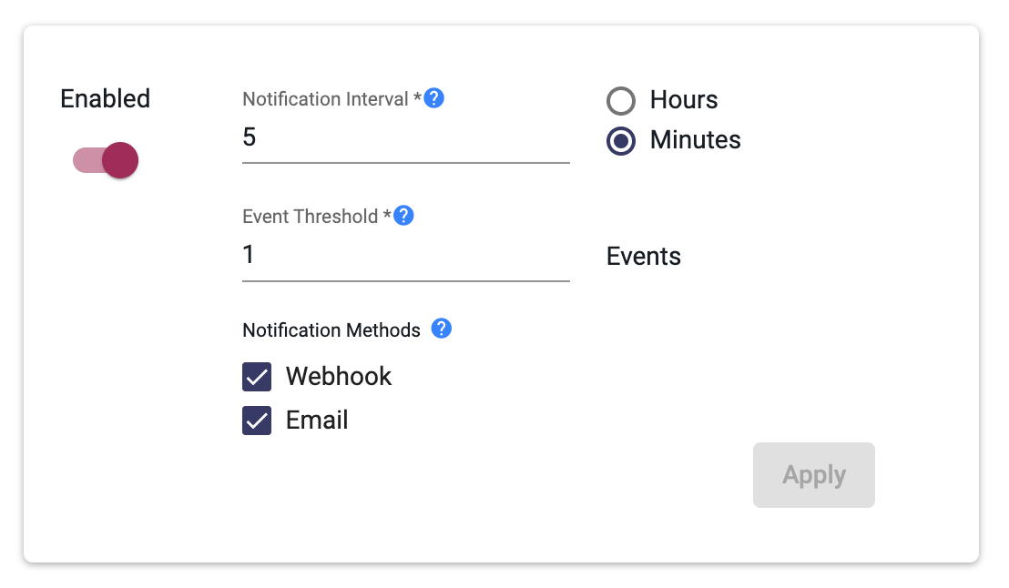 Screenshot of the Enable/Disable event threshold and notification method settings