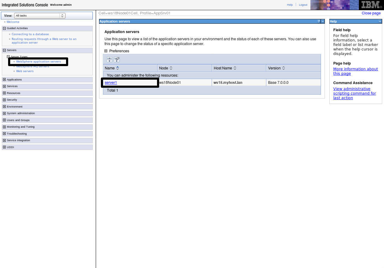 Screenshot of the WebSphere administrative console Process Definition menu option