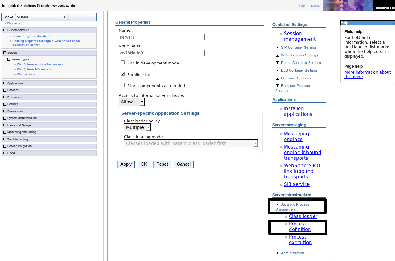 Screenshot of the WebSphere Java Virtual Machine configuration page