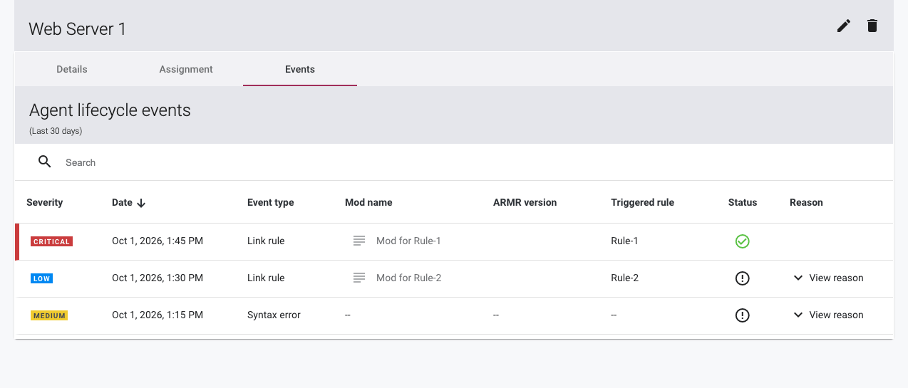 Screenshot of the Agent Details Events tab listing lifecycle events with status column