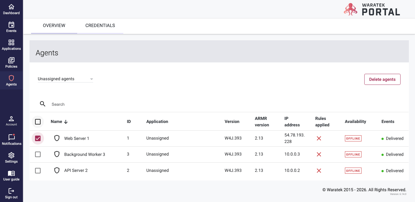 Screenshot of the Agent management table filtered by agent state with a delete option shown