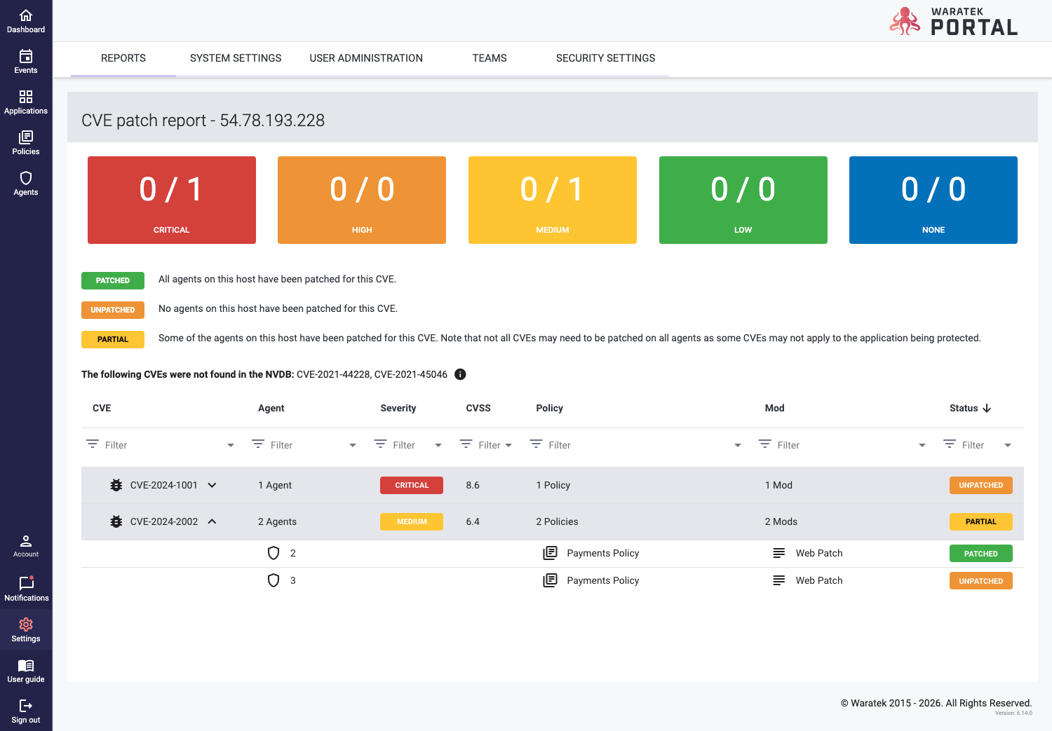 Screenshot of an expanded CVE row showing CVSS score and overall patched status