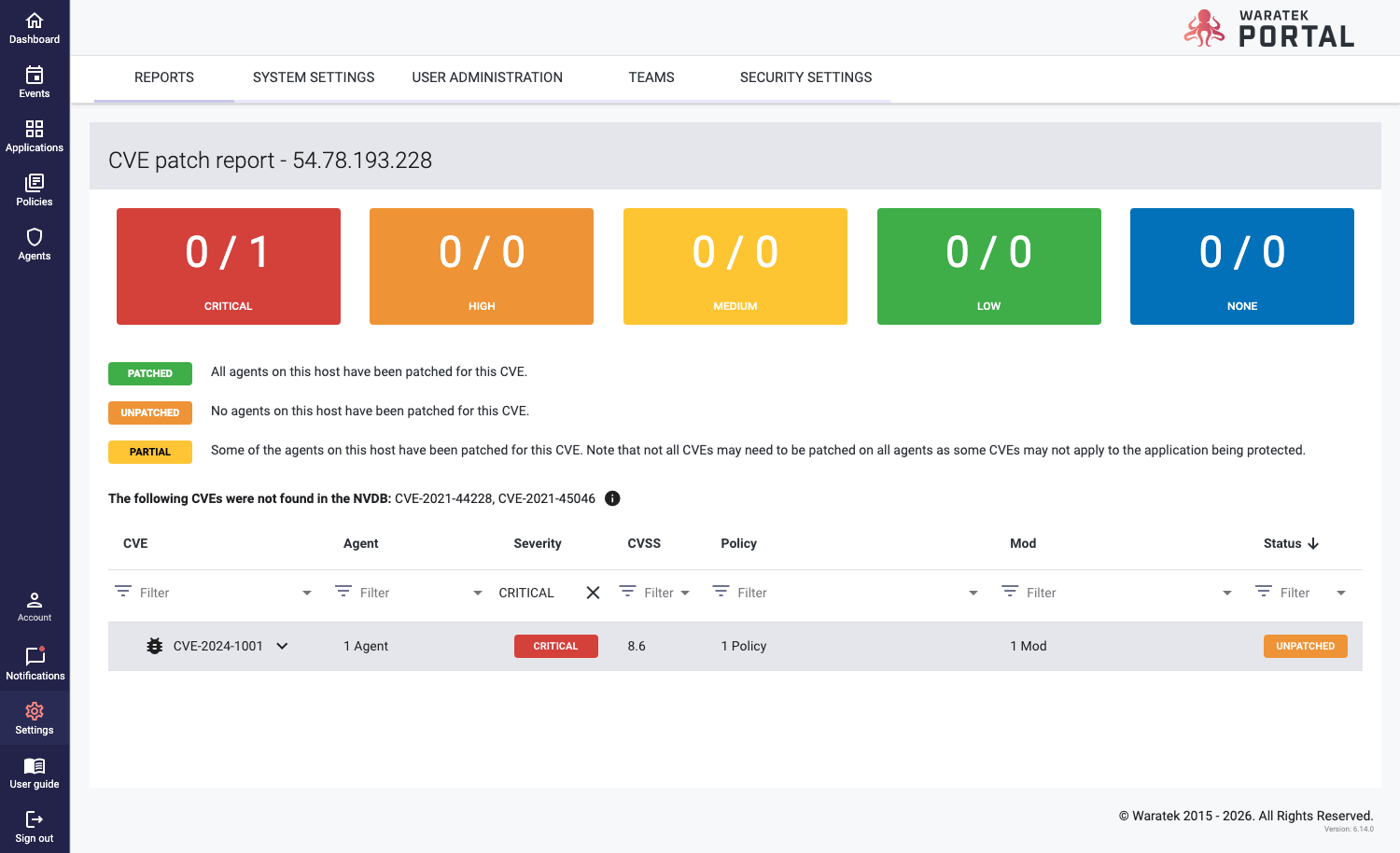 Screenshot of the vulnerability report filtered by Severity field with updated header totals