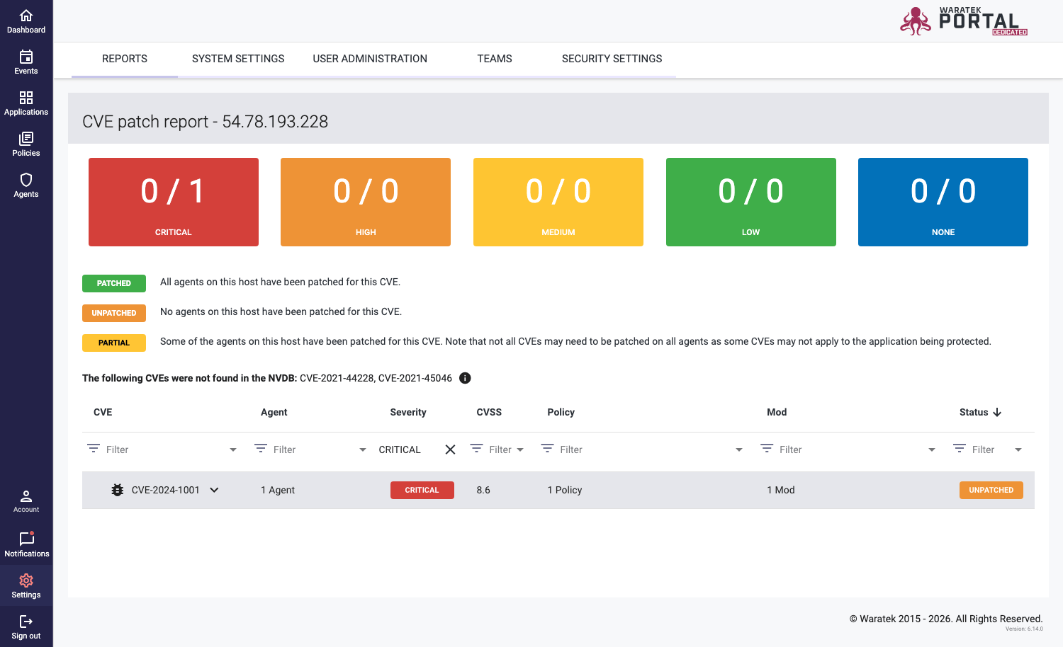 Screenshot of the Customer Vulnerability Report filtered by Severity field