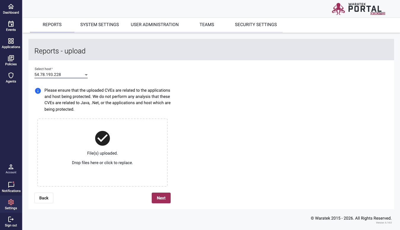 Screenshot of the Customer Vulnerability Report wizard with file uploaded and host selected, Next button enabled