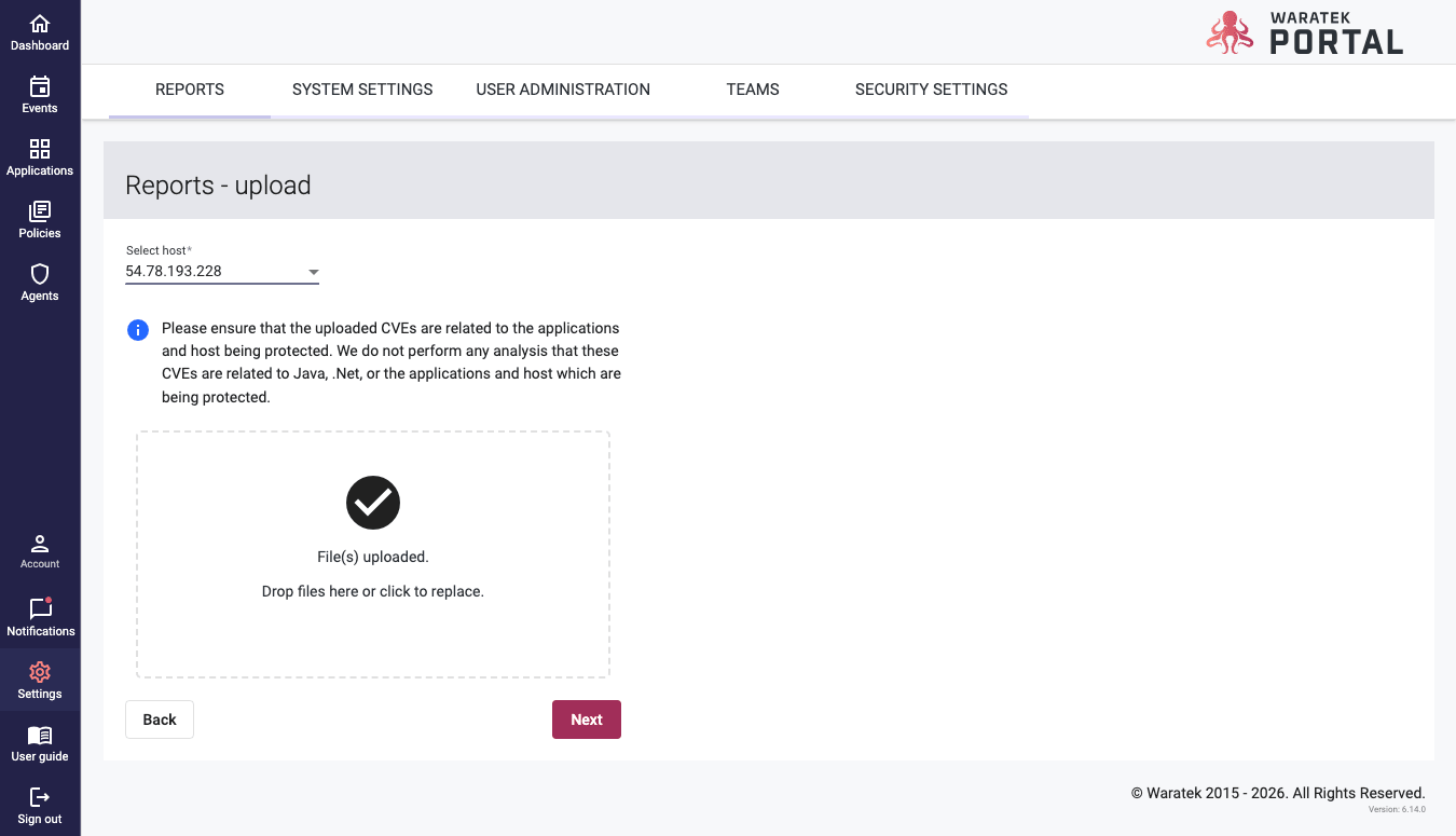 Screenshot of the vulnerability report wizard with the Next button enabled after selecting a report file and host