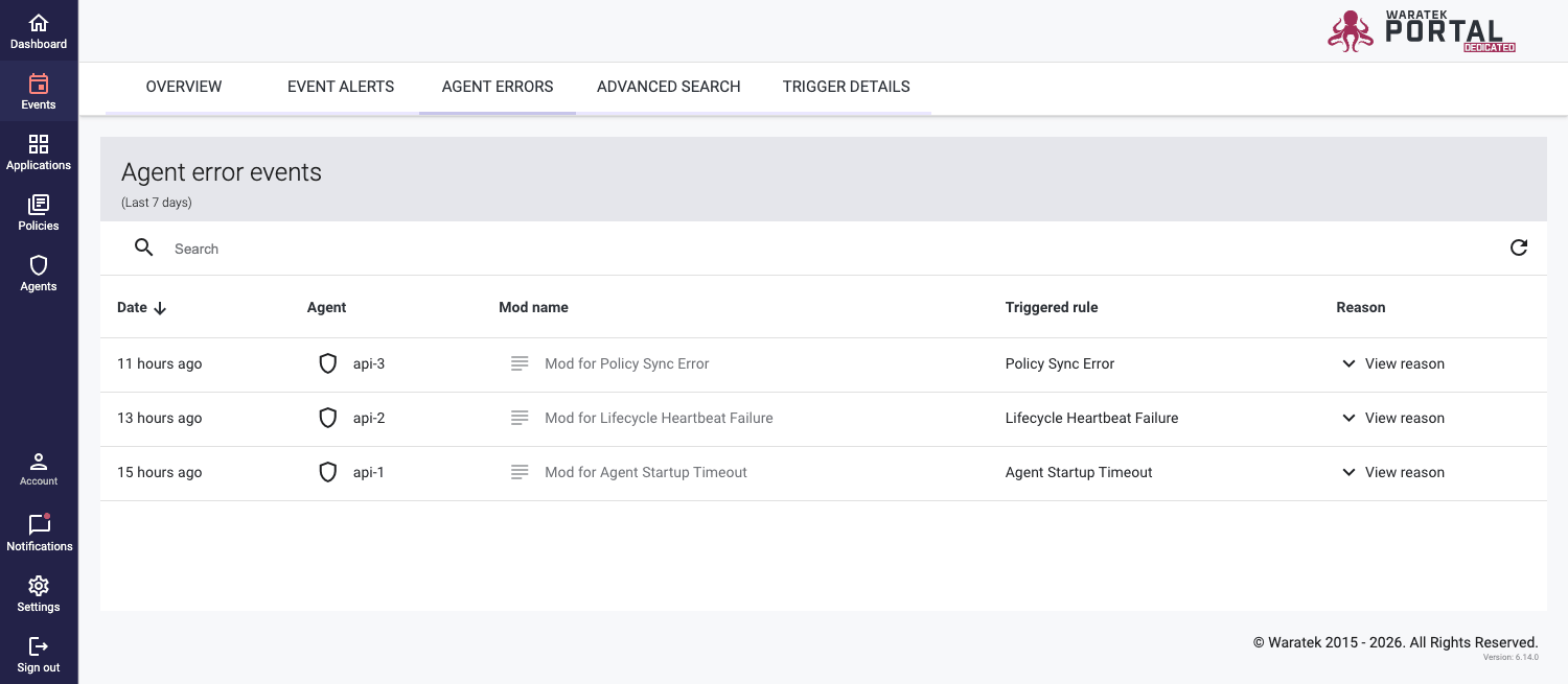Screenshot of the Agent Errors table listing lifecycle error events reported by agents