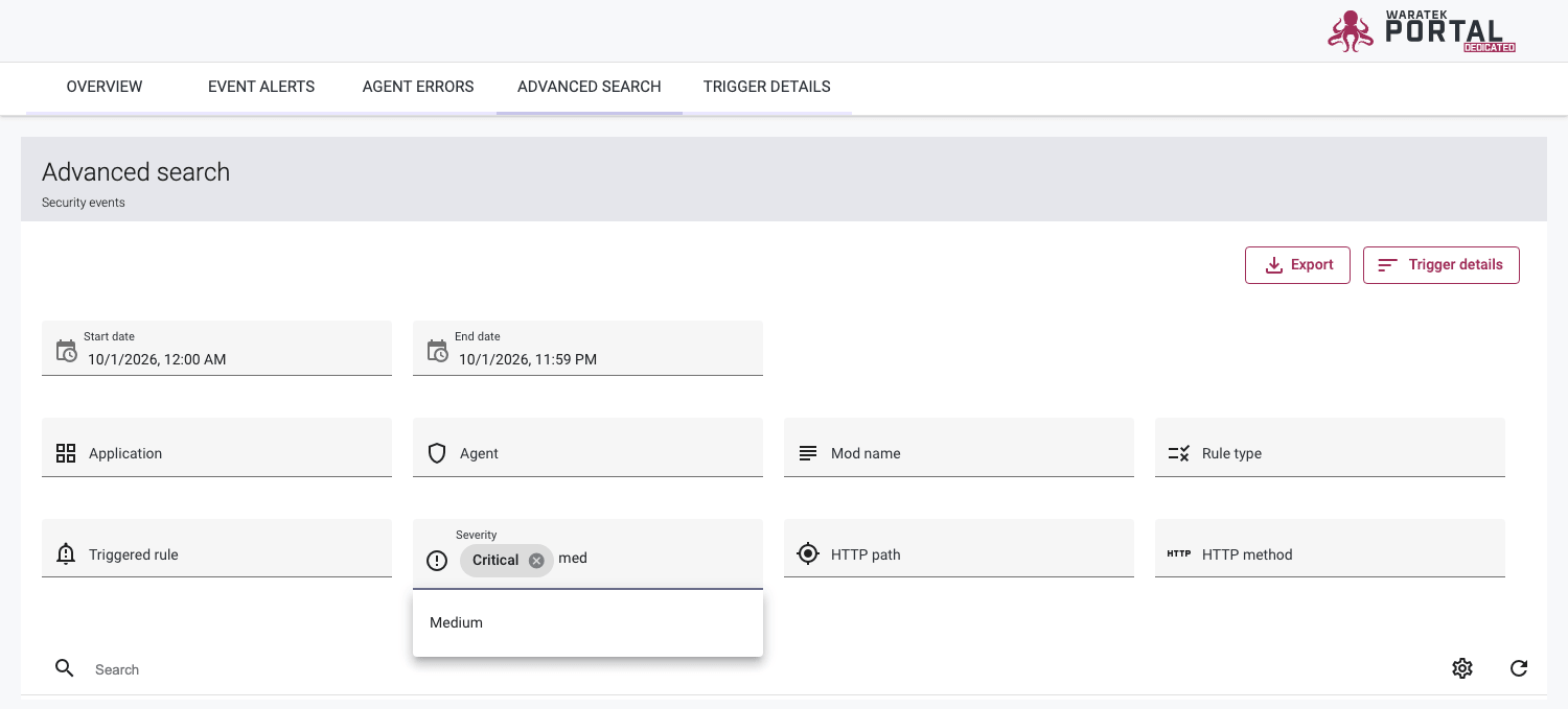 Screenshot of the Advanced Search page with filters for narrowing event records