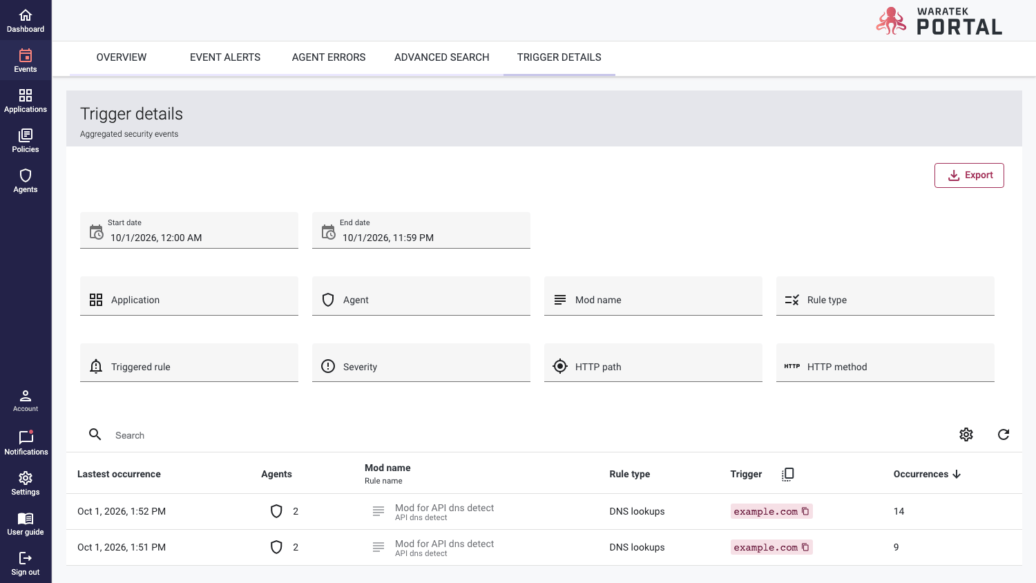 Screenshot of the event triggers table with column settings and Export button