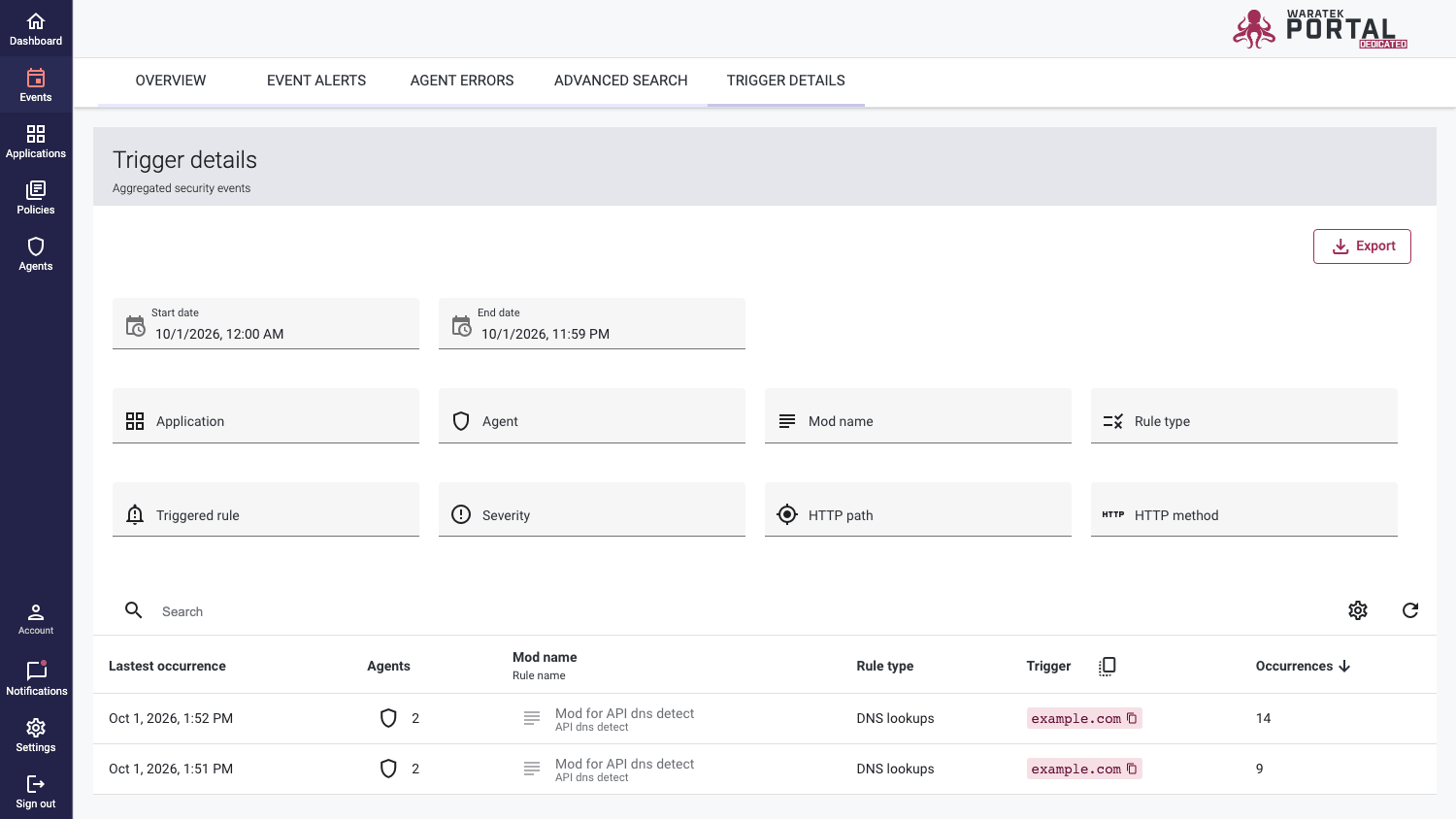 Screenshot of the event triggers table with column settings and Export button
