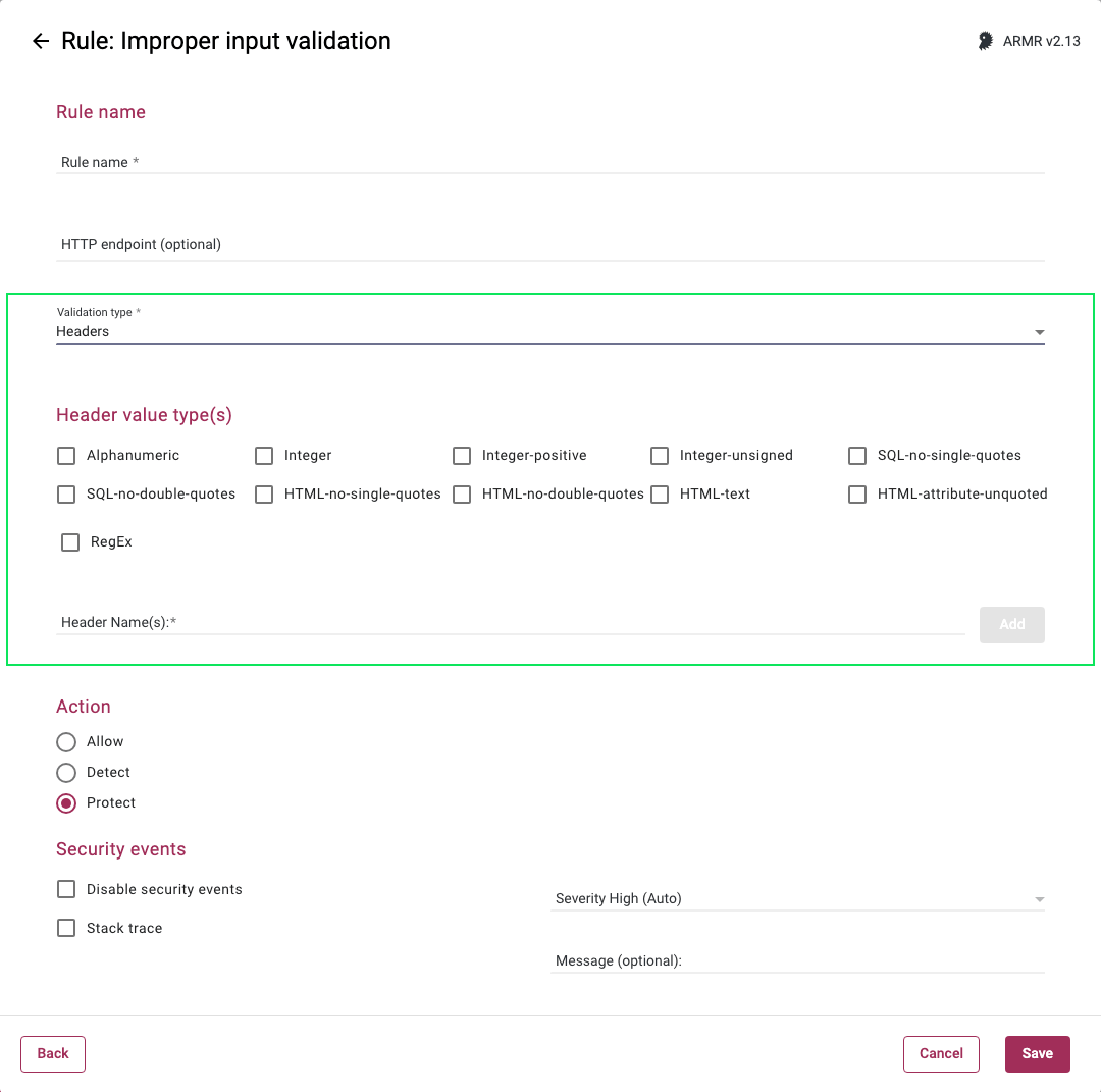 Screenshot of the validation configuration for the Headers validation type in the Improper input validation Rules Wizard