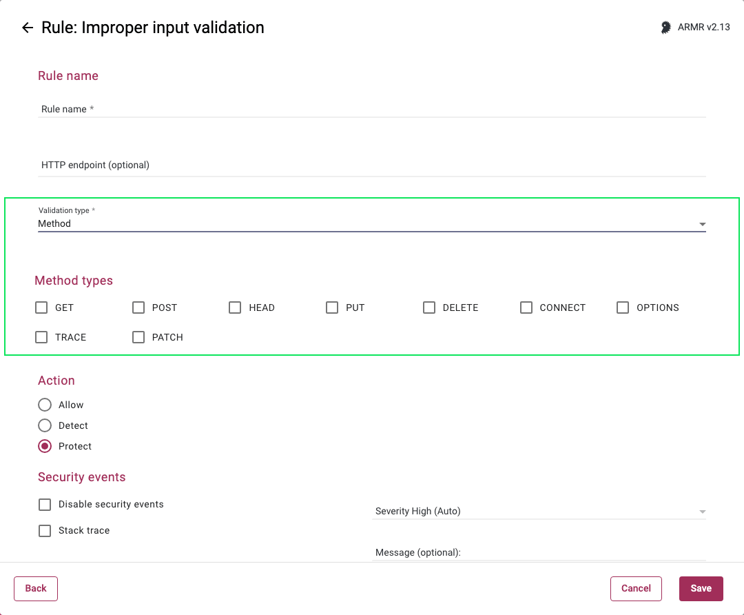Screenshot of the Method types options in the Improper input validation Rules Wizard