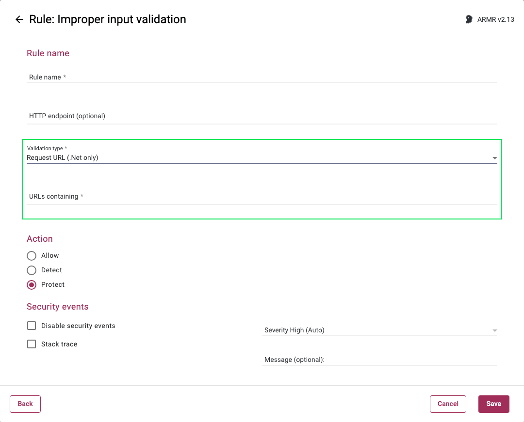 Screenshot of the URLs containing validation options for Request URL in the Improper input validation Rules Wizard