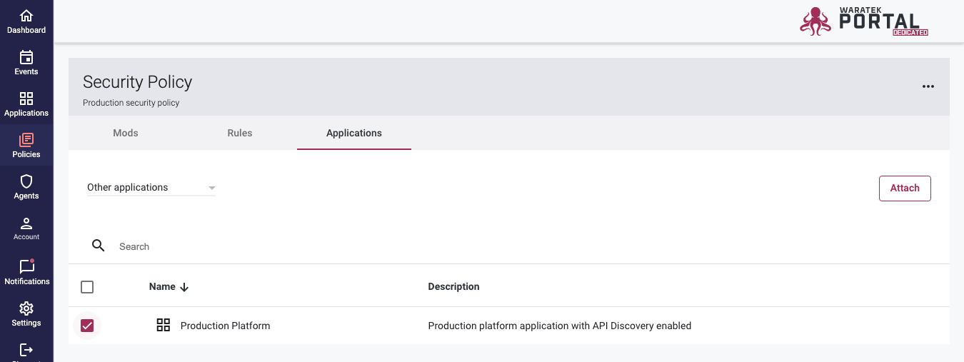 Screenshot of the Other Applications view with checkboxes and Attach button