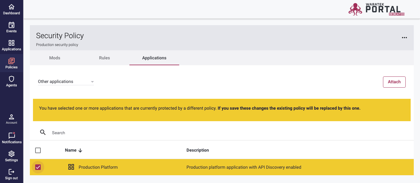 Screenshot of the yellow notification banner warning that an existing policy will be replaced