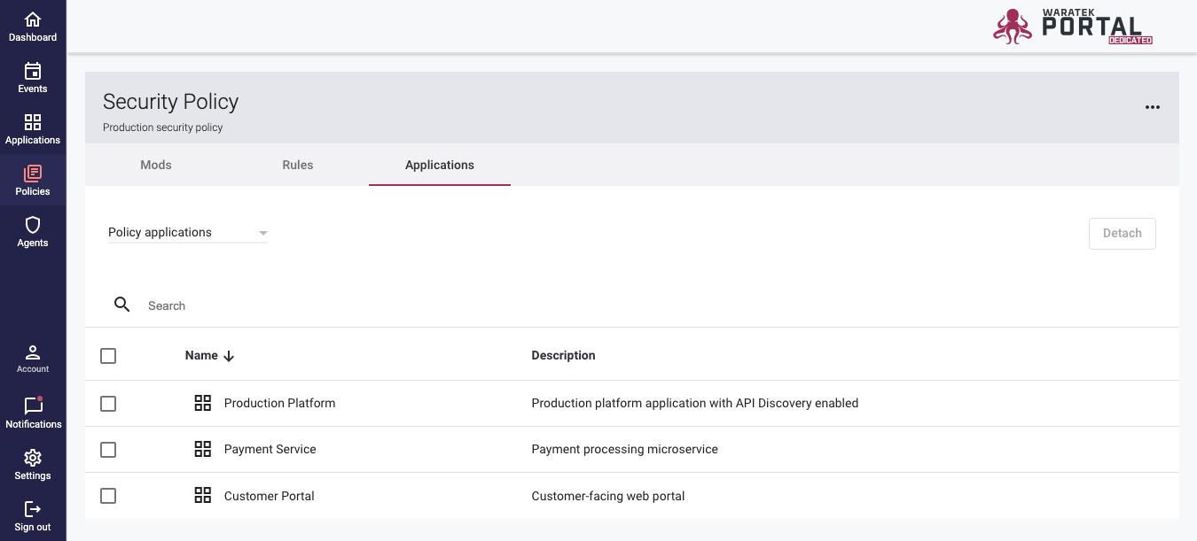 Screenshot of the Applications tab on the Policy Details page