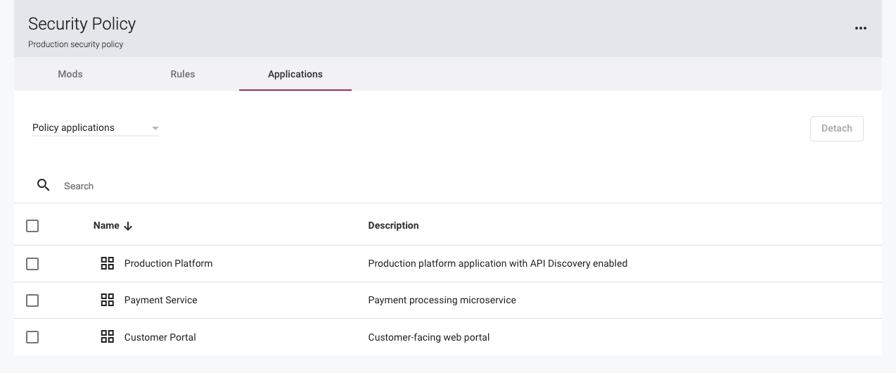 Applications tab on the Policy Details page for attaching an application