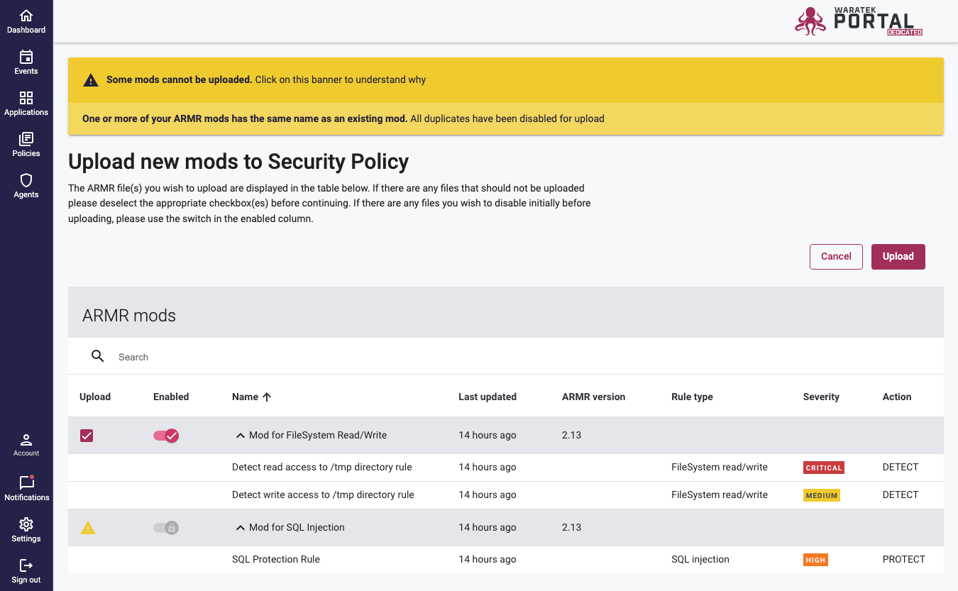 ARMR Mod upload modal listing Mods and Rules with a conflict warning banner